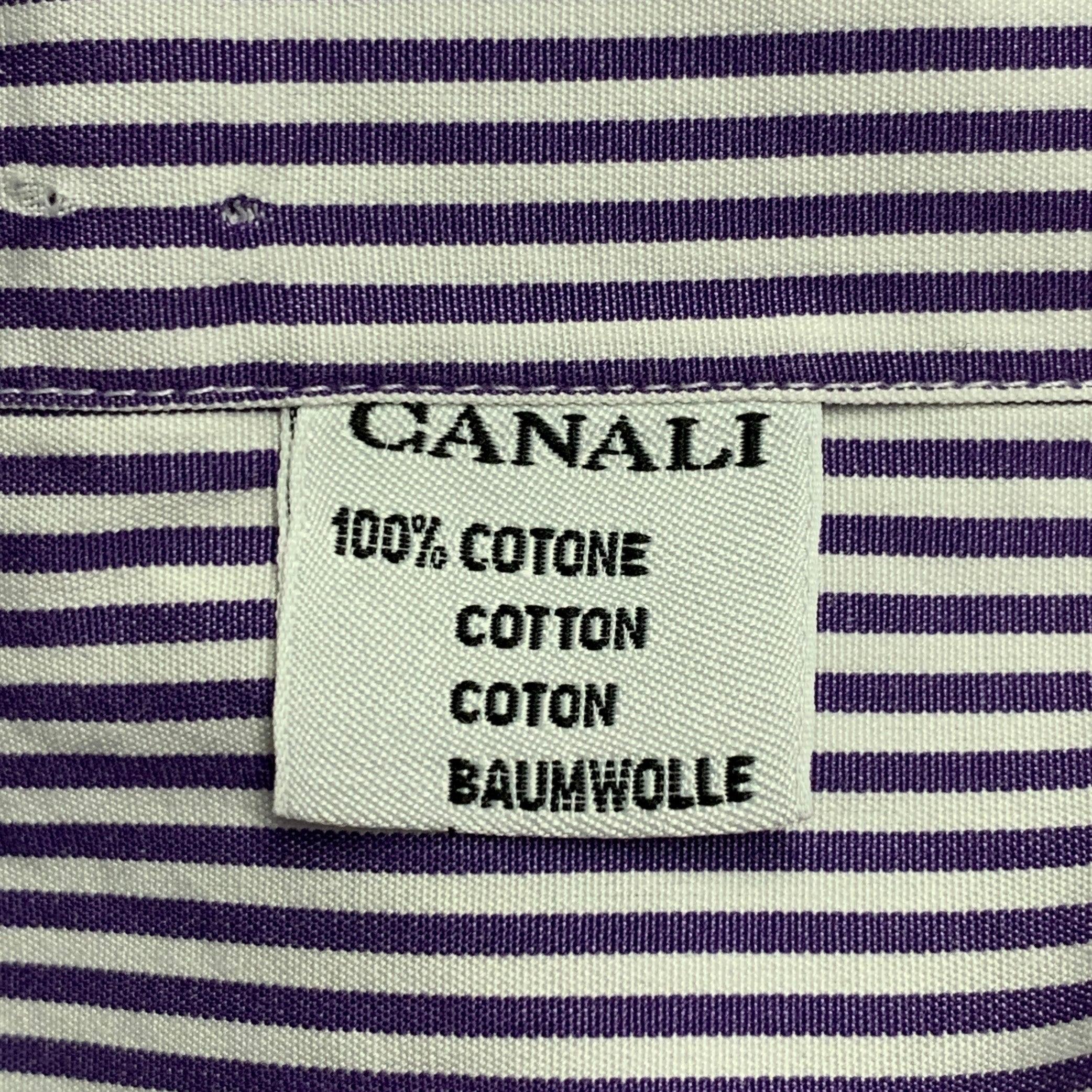CANALI Size L White Purple Stripe Cotton French Cuff Long Sleeve Shirt For Sale 2