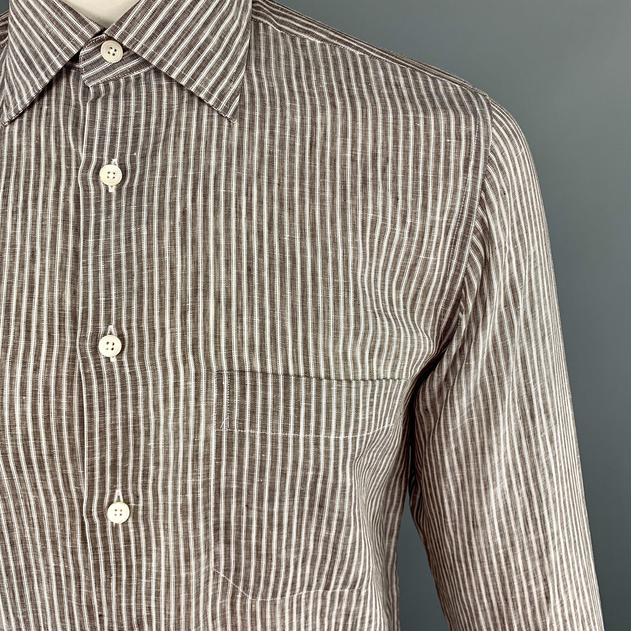 Men's CANALI Size M Brown Stripe Linen Spread Collar Pocket Long Sleeve Shirt