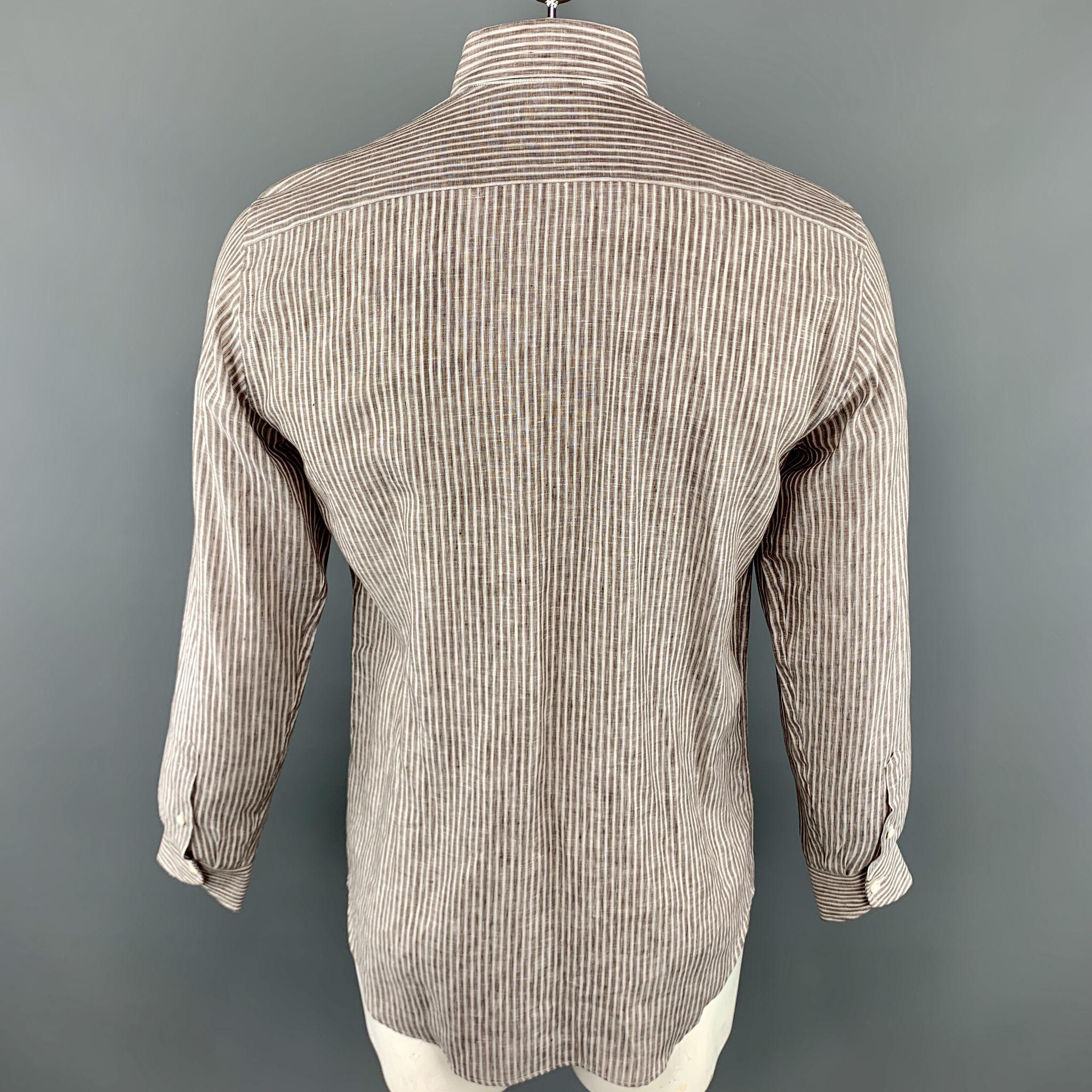 CANALI Size M Brown Stripe Linen Spread Collar Pocket Long Sleeve Shirt 1