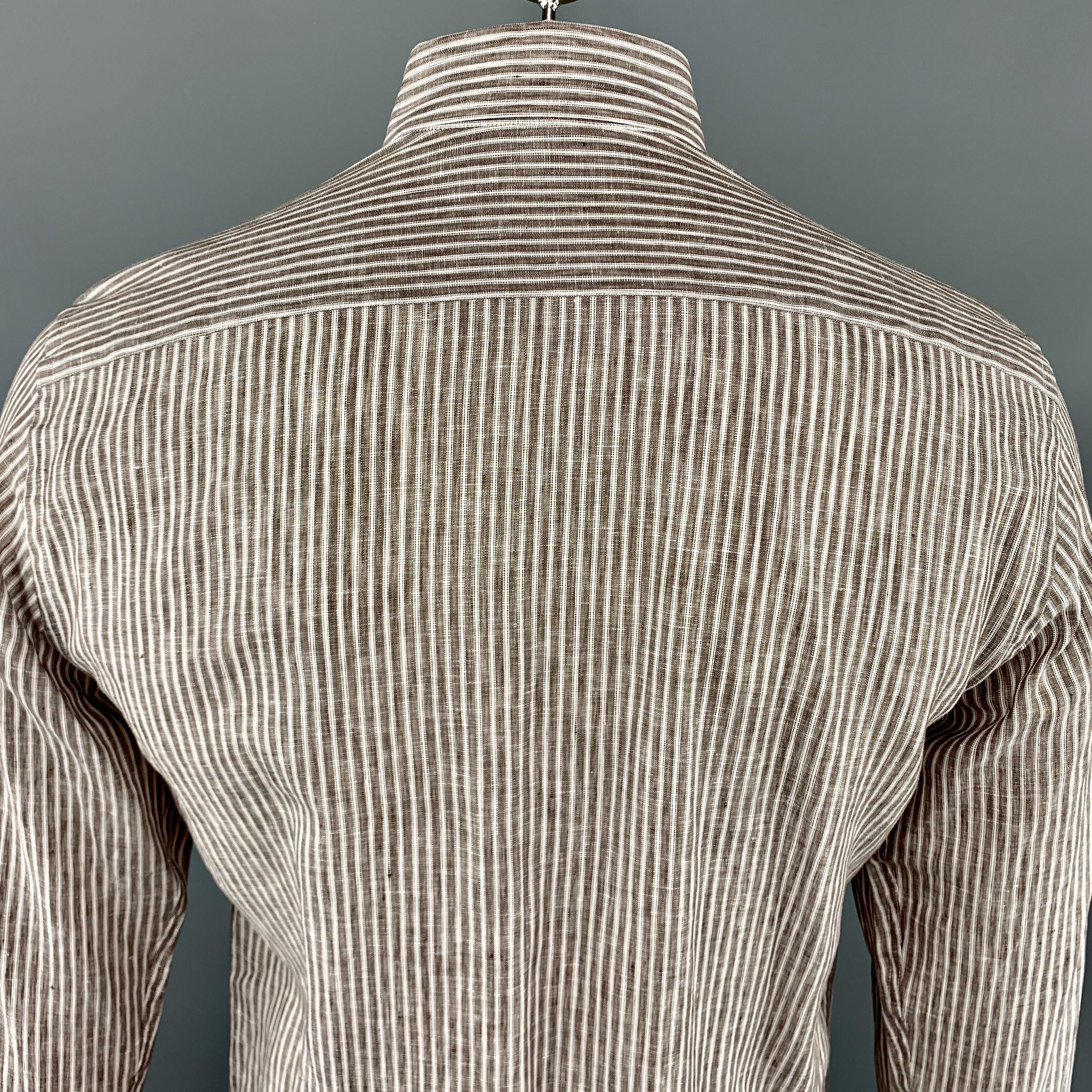 CANALI Size M Brown Stripe Linen Spread Collar Pocket Long Sleeve Shirt 2