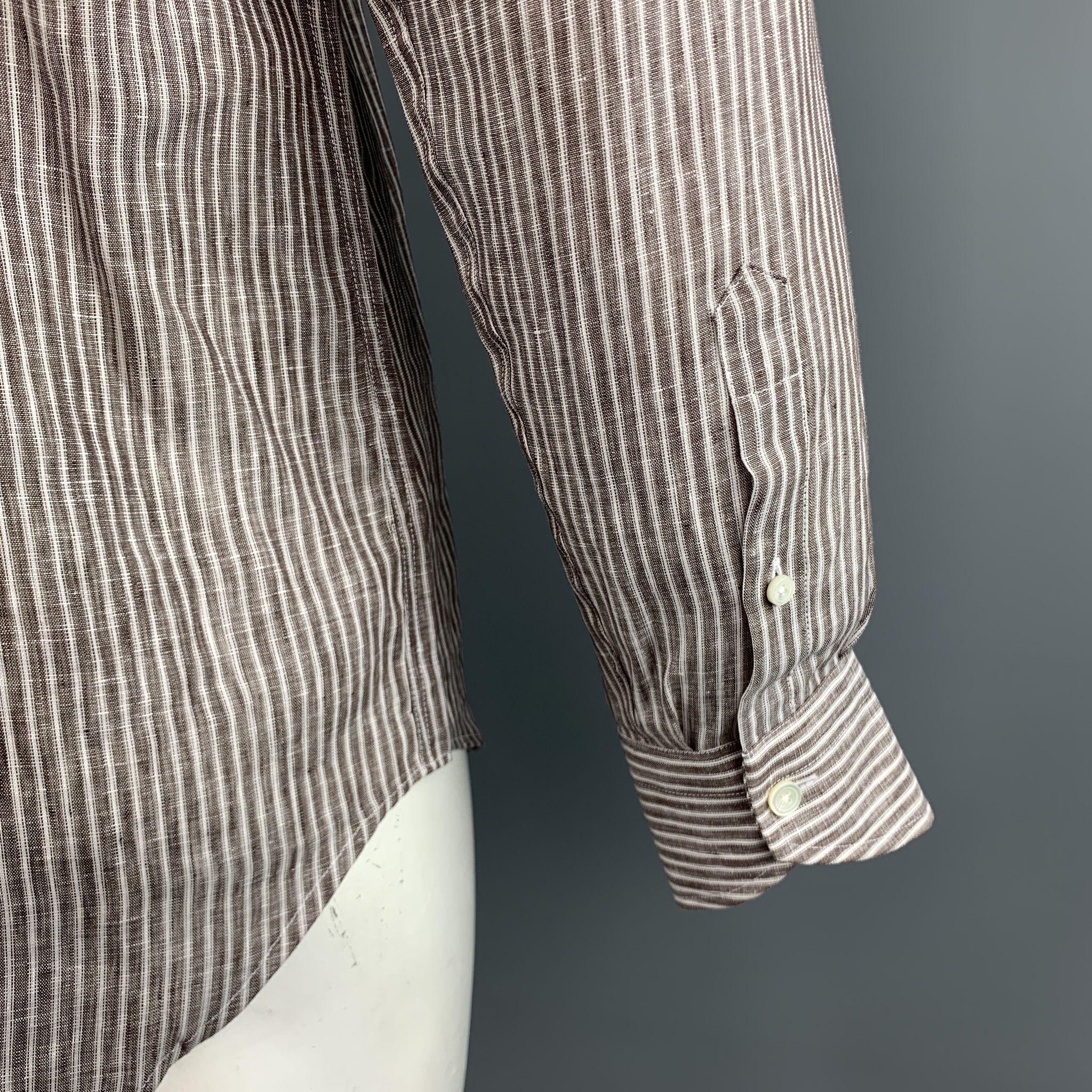 CANALI Size M Brown Stripe Linen Spread Collar Pocket Long Sleeve Shirt 3