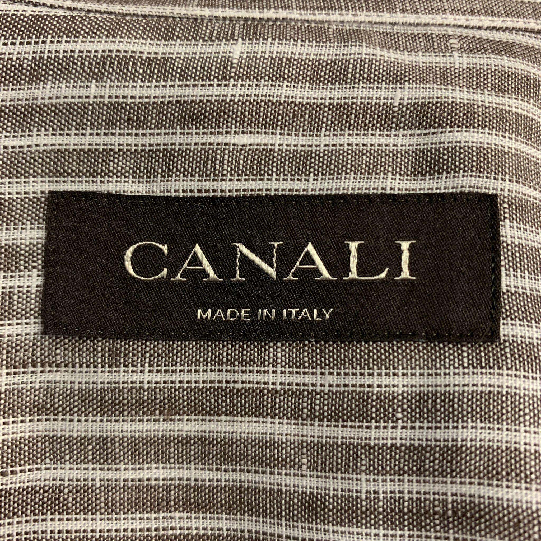 CANALI Size M Brown Stripe Linen Spread Collar Pocket Long Sleeve Shirt 4