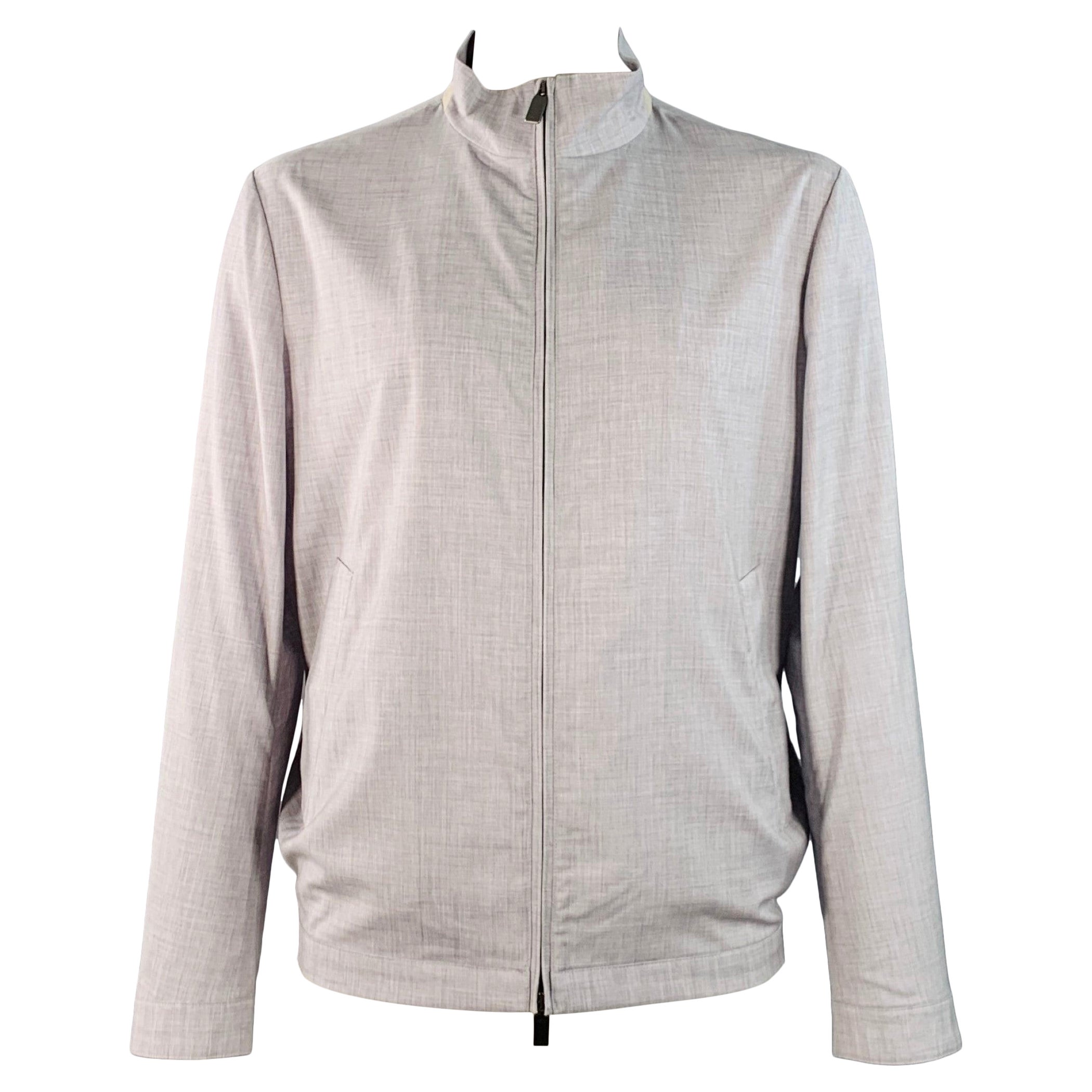 CANALI Size XXL Heather Grey Woven Wool Suede Detail Zip Up Jacket