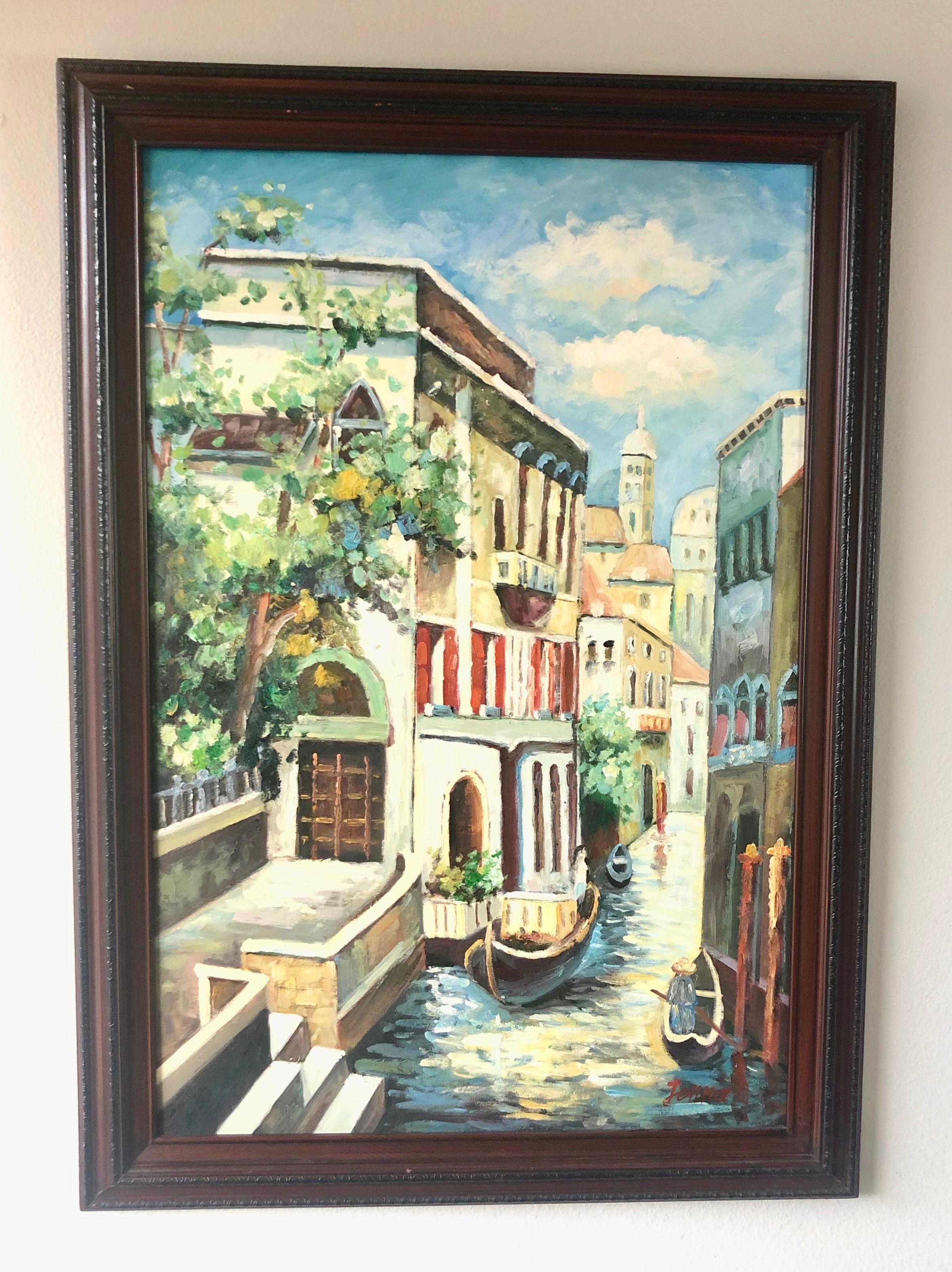 20ième siècle Peinture des canaux de Venise signée 