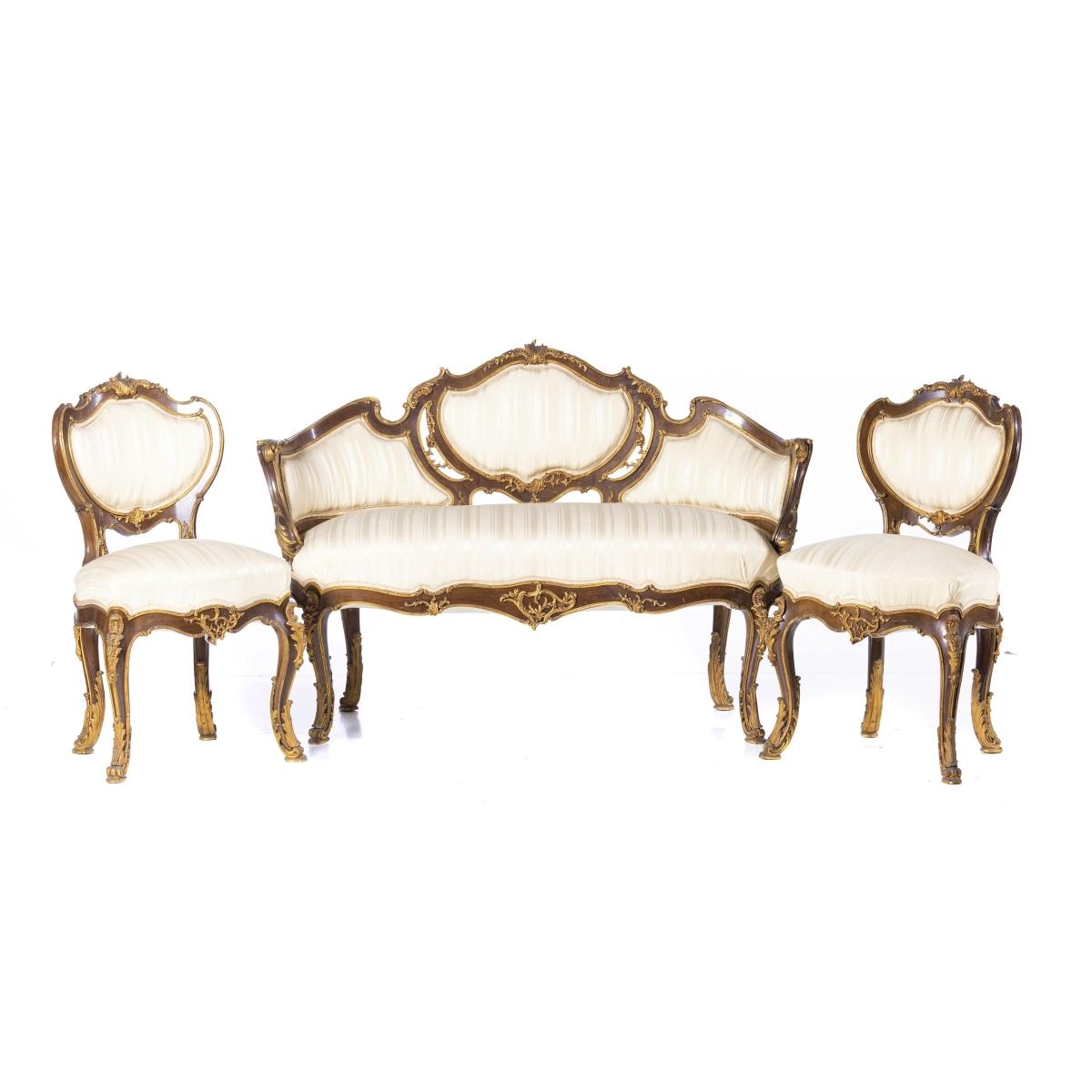 Wood Canape and Pair of Louis XV Style Chairs French 19th Century For Sale