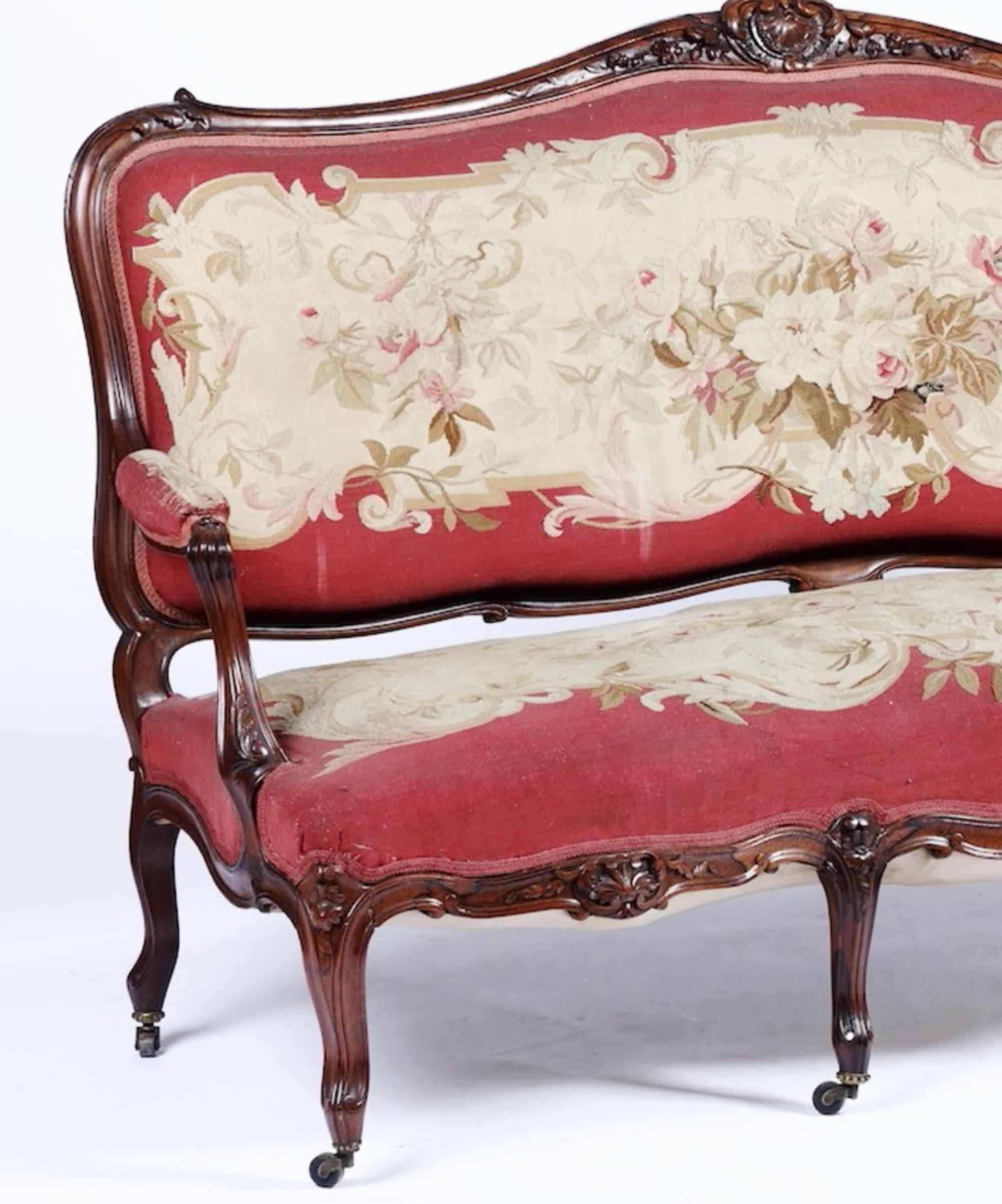 French Canape Louis Philippe 19th Century Upholstered and Covered with Aubusson Fabric