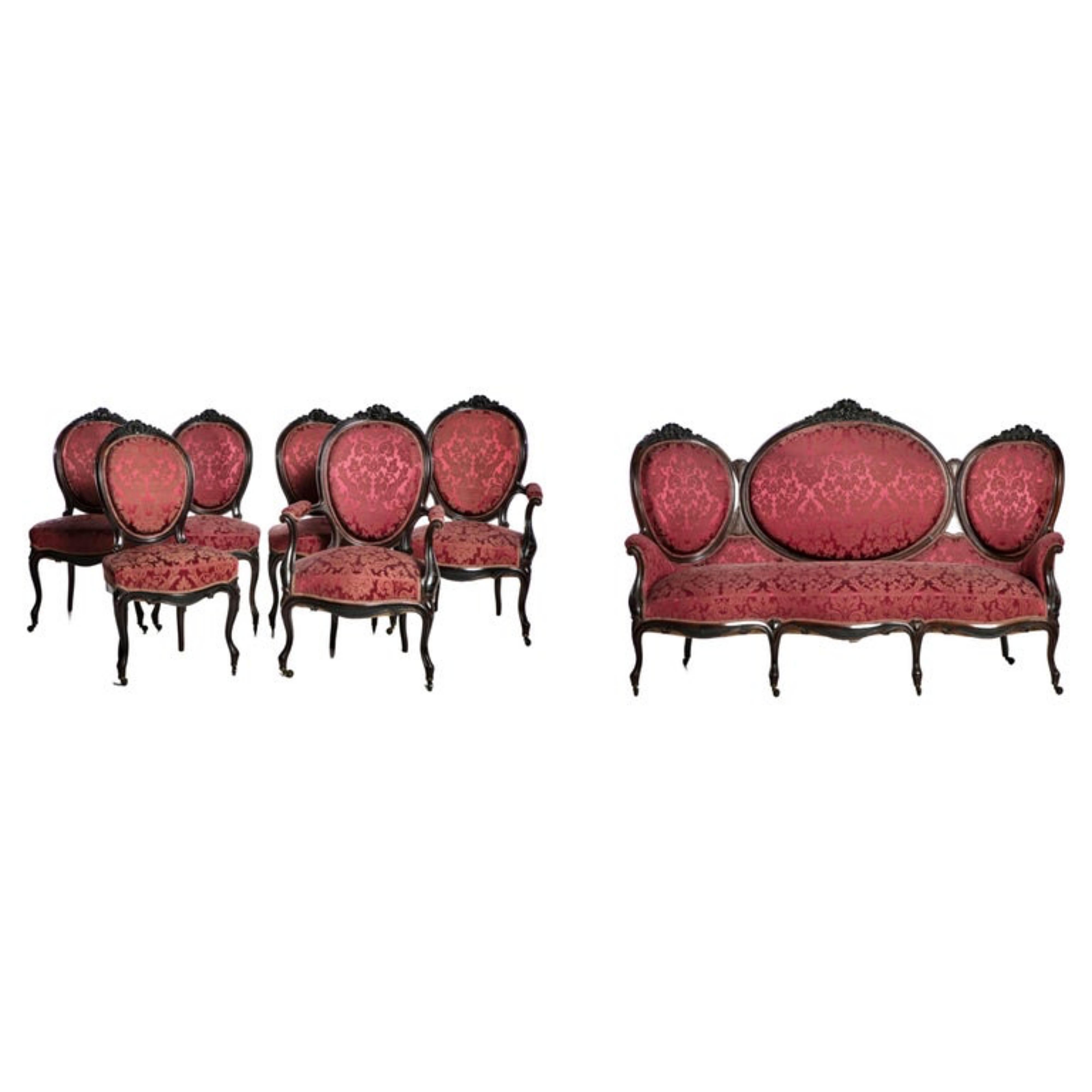 Canape Set Two Armchairs and Four Chairs, Portuguese, 19th Century In Good Condition For Sale In Madrid, ES