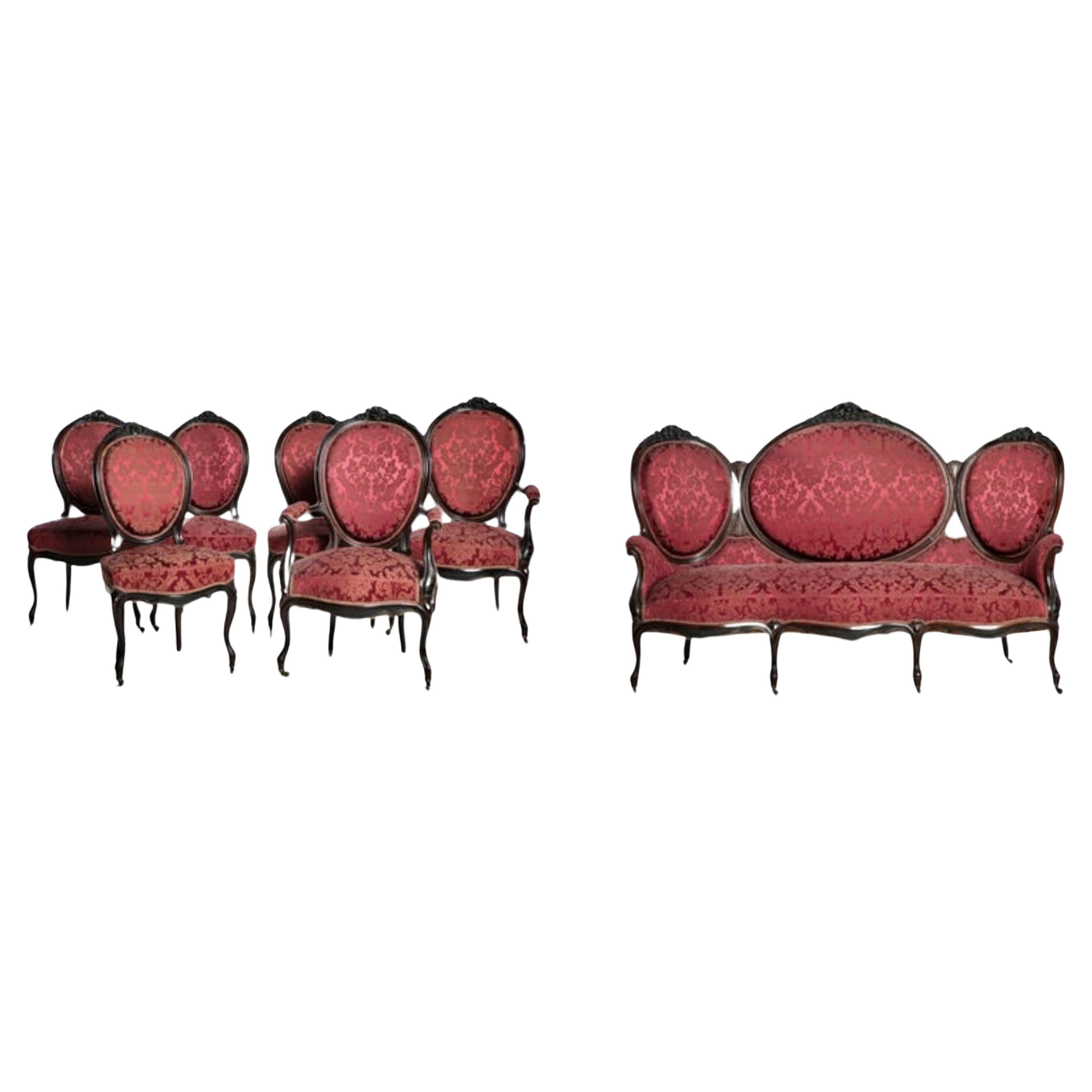 Canape-Set aus zwei Sesseln und vier Stühlen, portugiesisch, 19. Jahrhundert