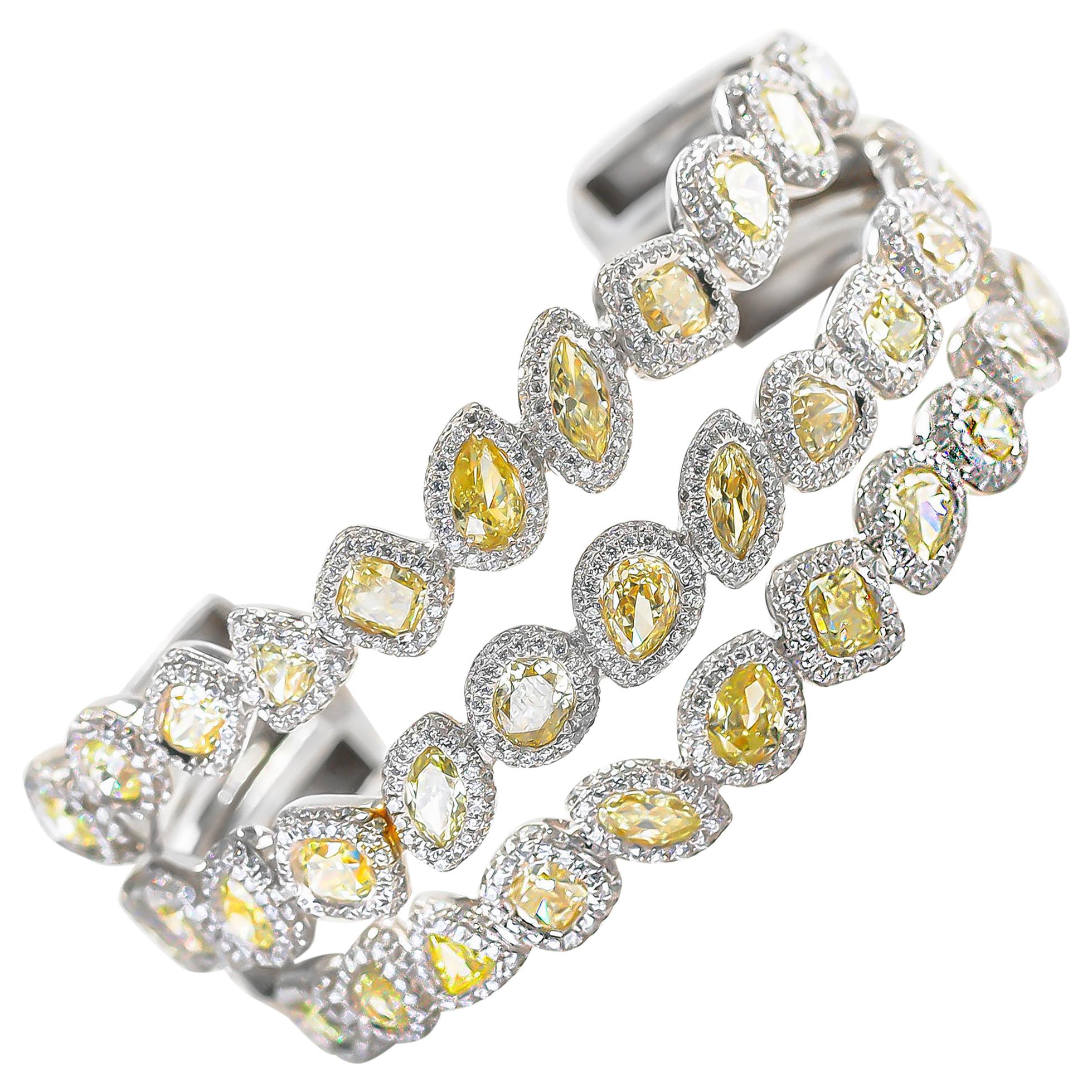 Canary Diamond Cuff Bracelet 18.50 Carat with White Diamonds 7.30 Carat 18K Gold
