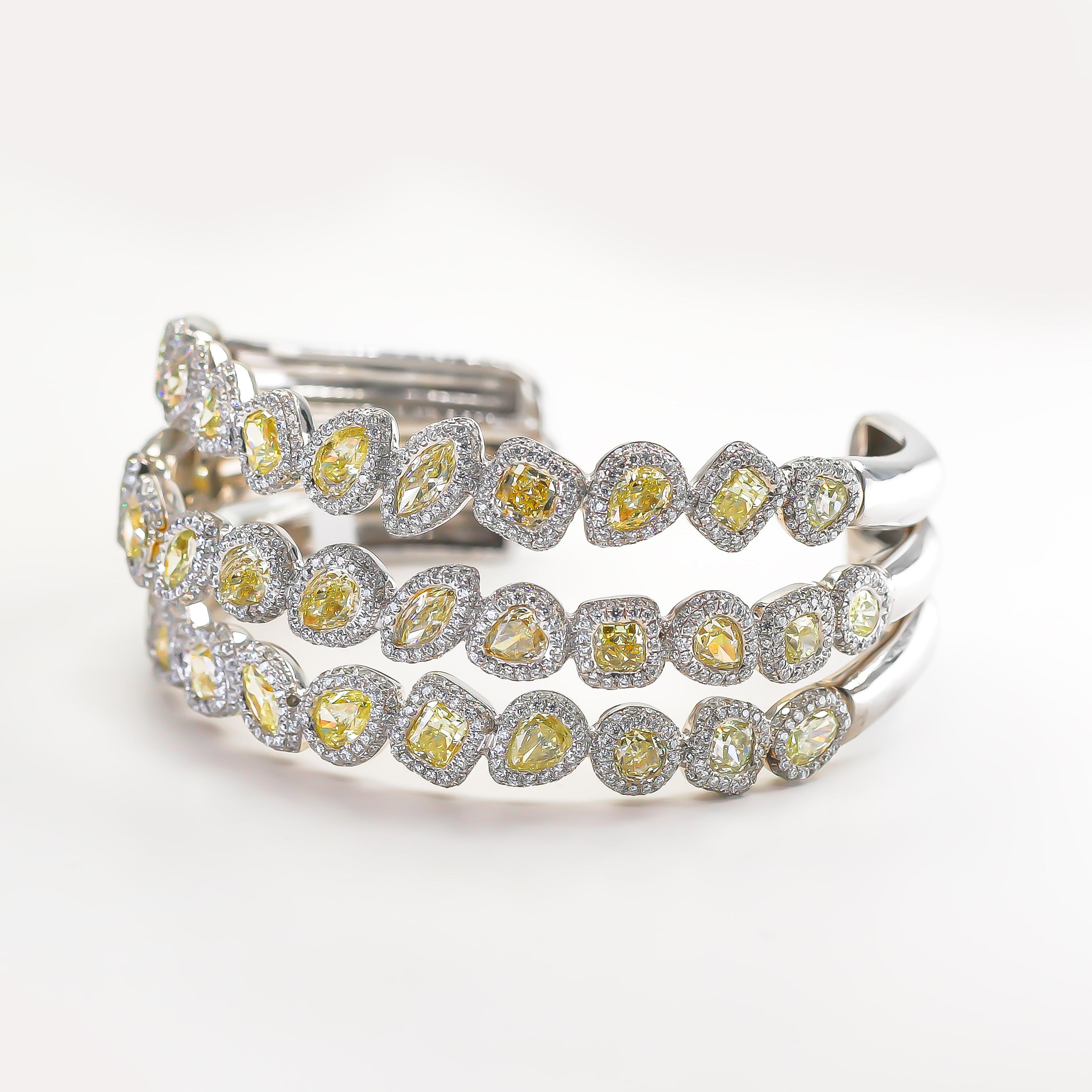 Modern Canary Diamond Cuff Bracelet 18.50 Carat with White Diamonds 7.30 Carat 18K Gold