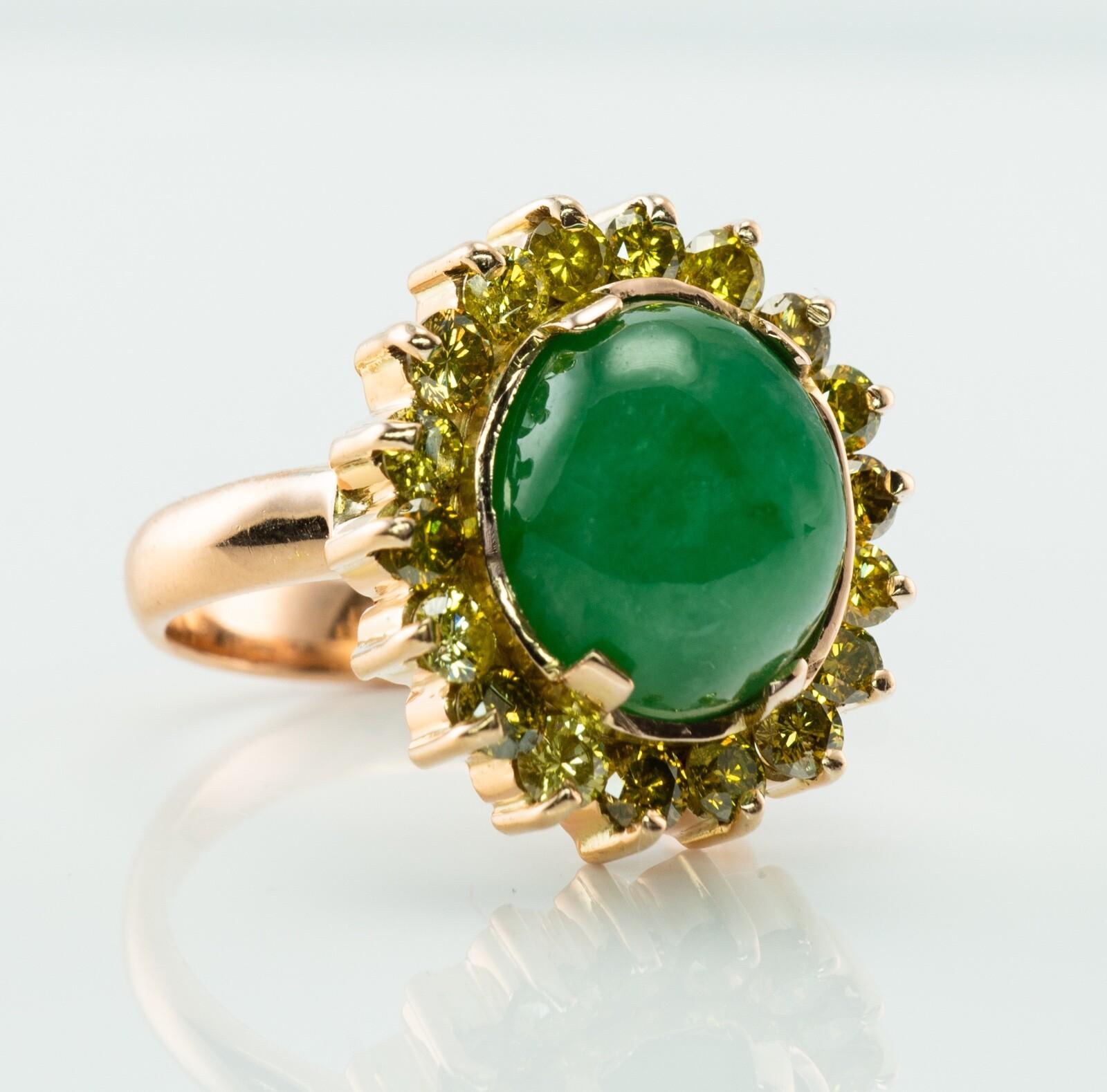 Cabochon Canary Diamond Jade Ring 18K Gold Vintage Cocktail For Sale