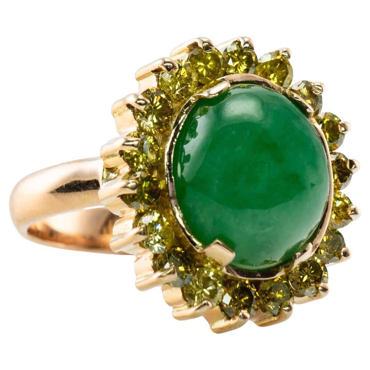 Canary Diamond Jade Ring 18K Gold Vintage Cocktail