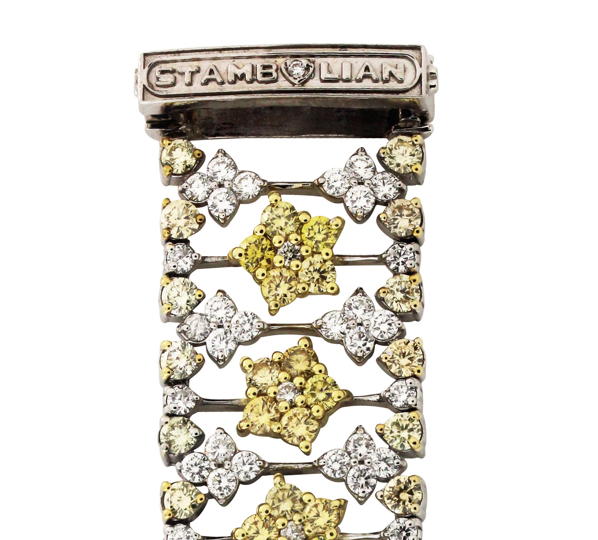 18K Two-Tone Gold Bracelet with White and Yellow Diamonds by Stambolian 

Bracelet has 7.80 carat G color, VS clarity white diamonds
12.69 carat Yellow Diamonds

Limited piece. This is one of only Three made.

Clasp is where it reads 