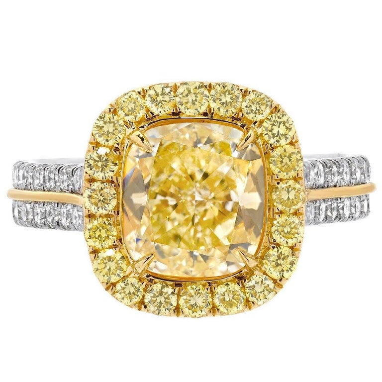 Yellow Diamond Ring Cushion Cut GIA 2.40 Carat Fancy Light Yellow Canary Diamond For Sale