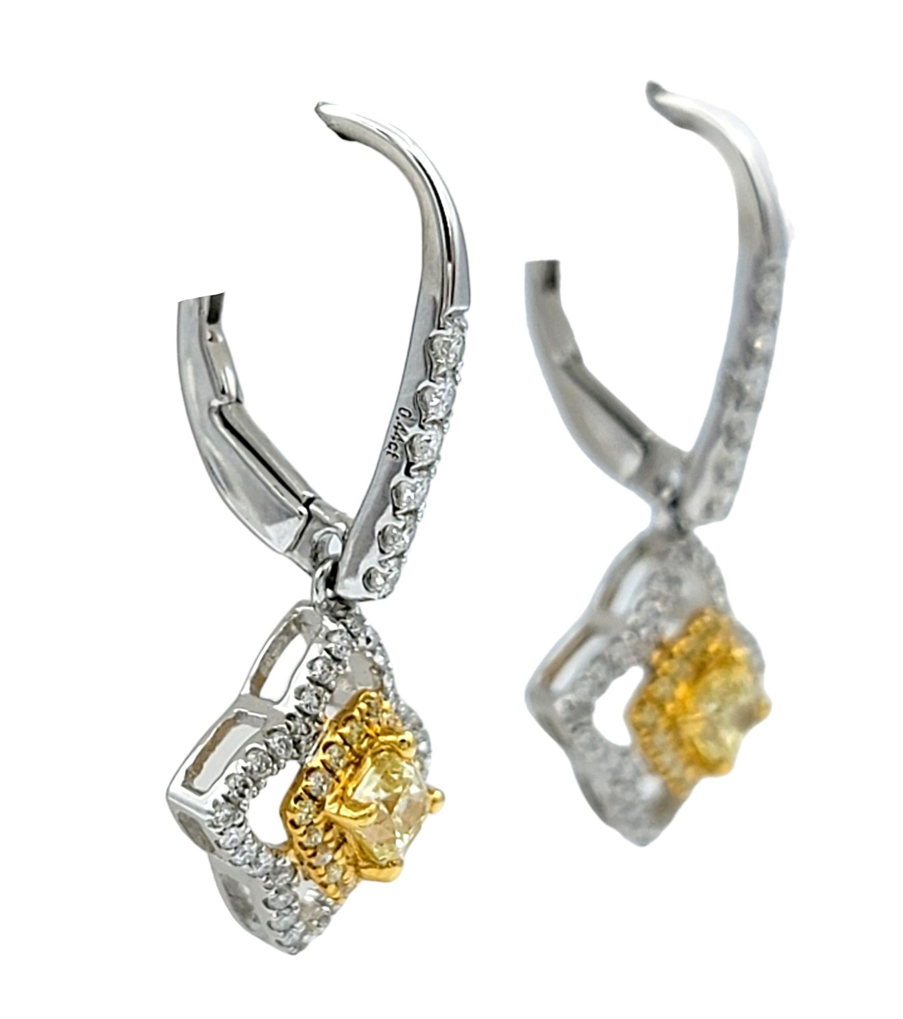 Cushion Cut Canary Star Yellow and White Diamond Dangle Earrings in Two-Tone 18 Karat Gold For Sale