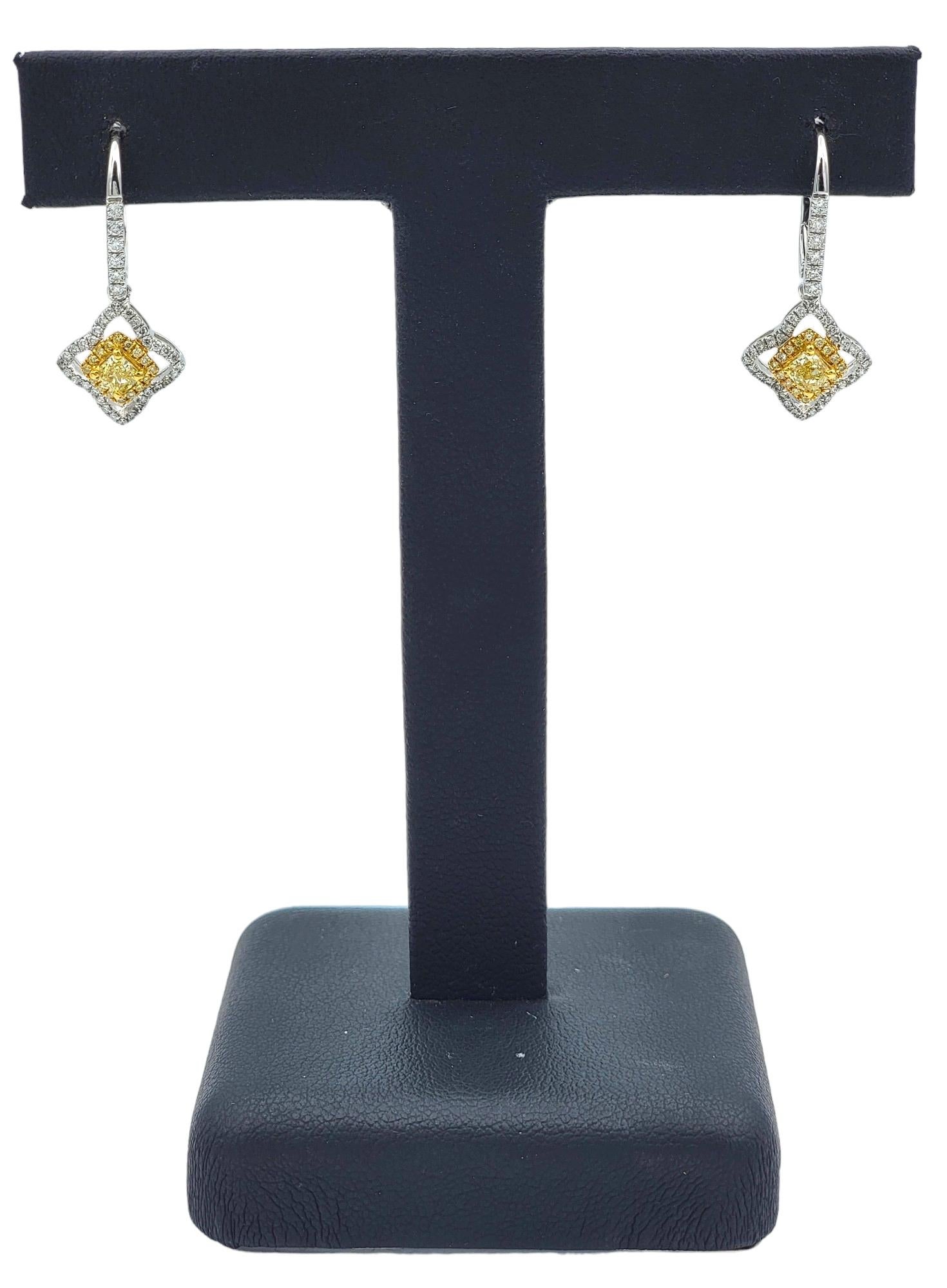 Canary Star Yellow and White Diamond Dangle Earrings in Two-Tone 18 Karat Gold For Sale 2
