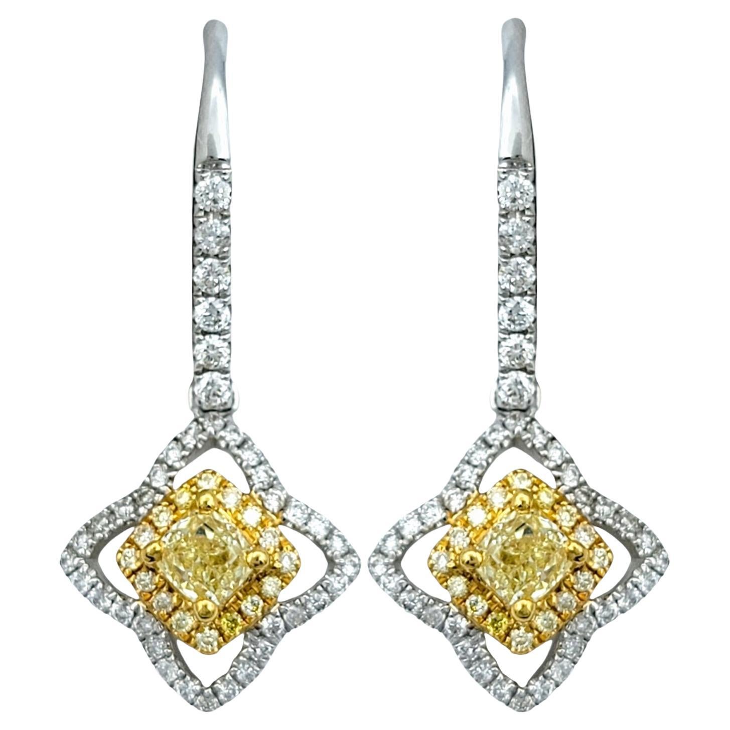 Canary Star Yellow and White Diamond Dangle Earrings in Two-Tone 18 Karat Gold For Sale