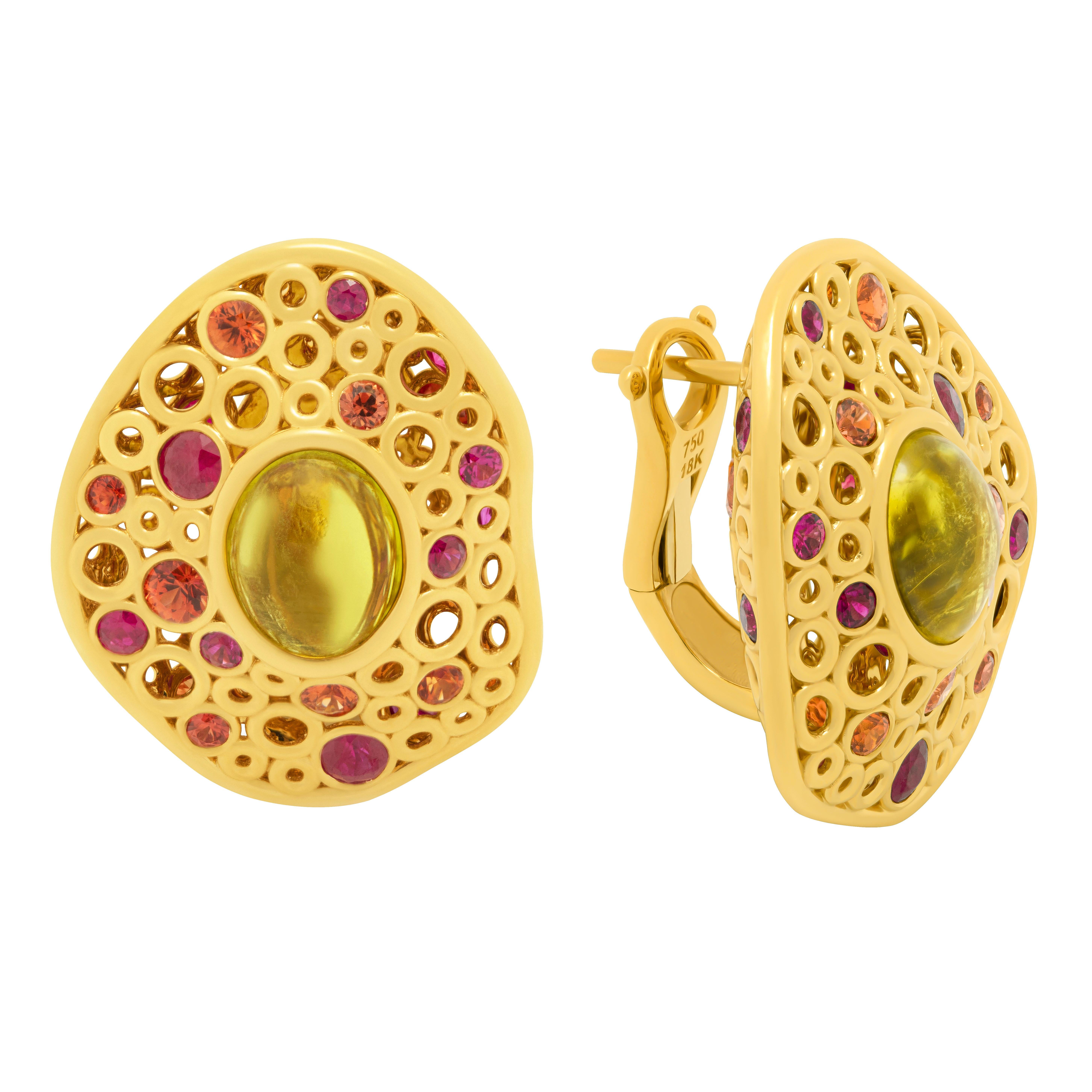 Canary Tourmaline 5.67 Carat Ruby Sapphires 18 Karat Yellow Gold Bubble Earrings
Incredibly light and airy Earrings from our Bubbles Collection. Yellow 18 Karat Gold is made in the form of variety of small bubbles, some of which have 22 Orange