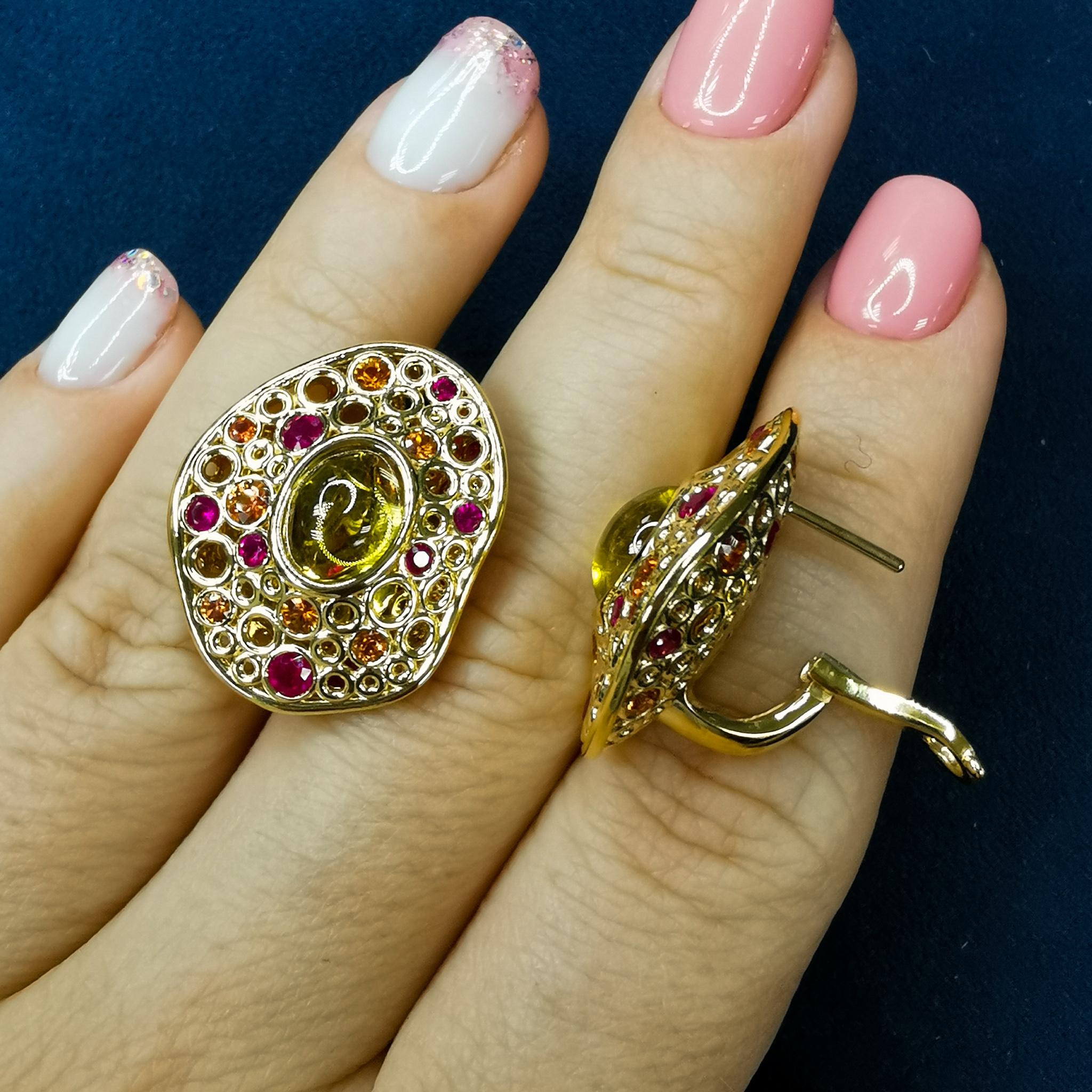 Women's Canary Tourmaline 5.67 Carat Ruby Sapphires 18 Karat Yellow Gold Bubble Earrings For Sale