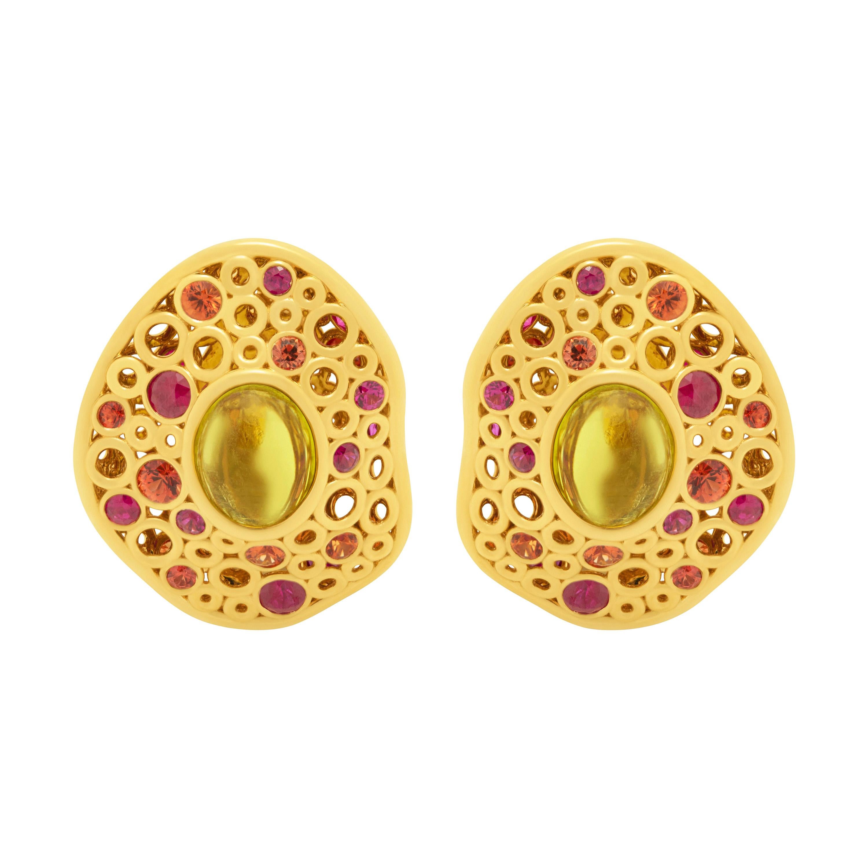 Canary Tourmaline 5.67 Carat Ruby Sapphires 18 Karat Yellow Gold Bubble Earrings