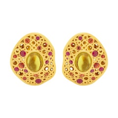 Canary Tourmaline 5.67 Carat Ruby Sapphires 18 Karat Yellow Gold Bubble Earrings