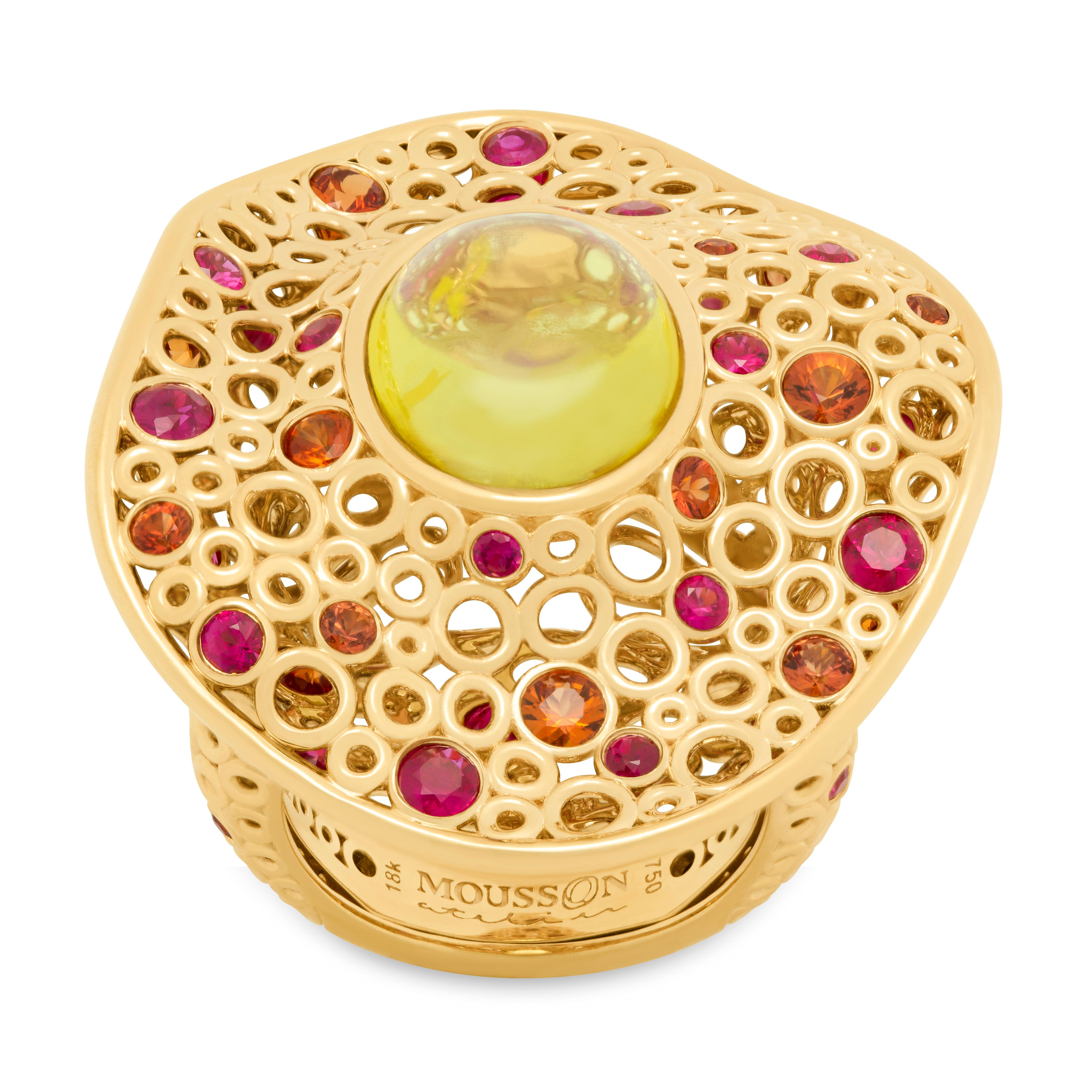 Canary Tourmaline 8.13 Carat Rubies Sapphires 18 Karat Yellow Gold Bubbles Ring
Incredibly light and airy Ring from our Bubbles Collection. Yellow 18 Karat Gold is made in the form of variety of small bubbles, some of which have 26 Orange Sapphires