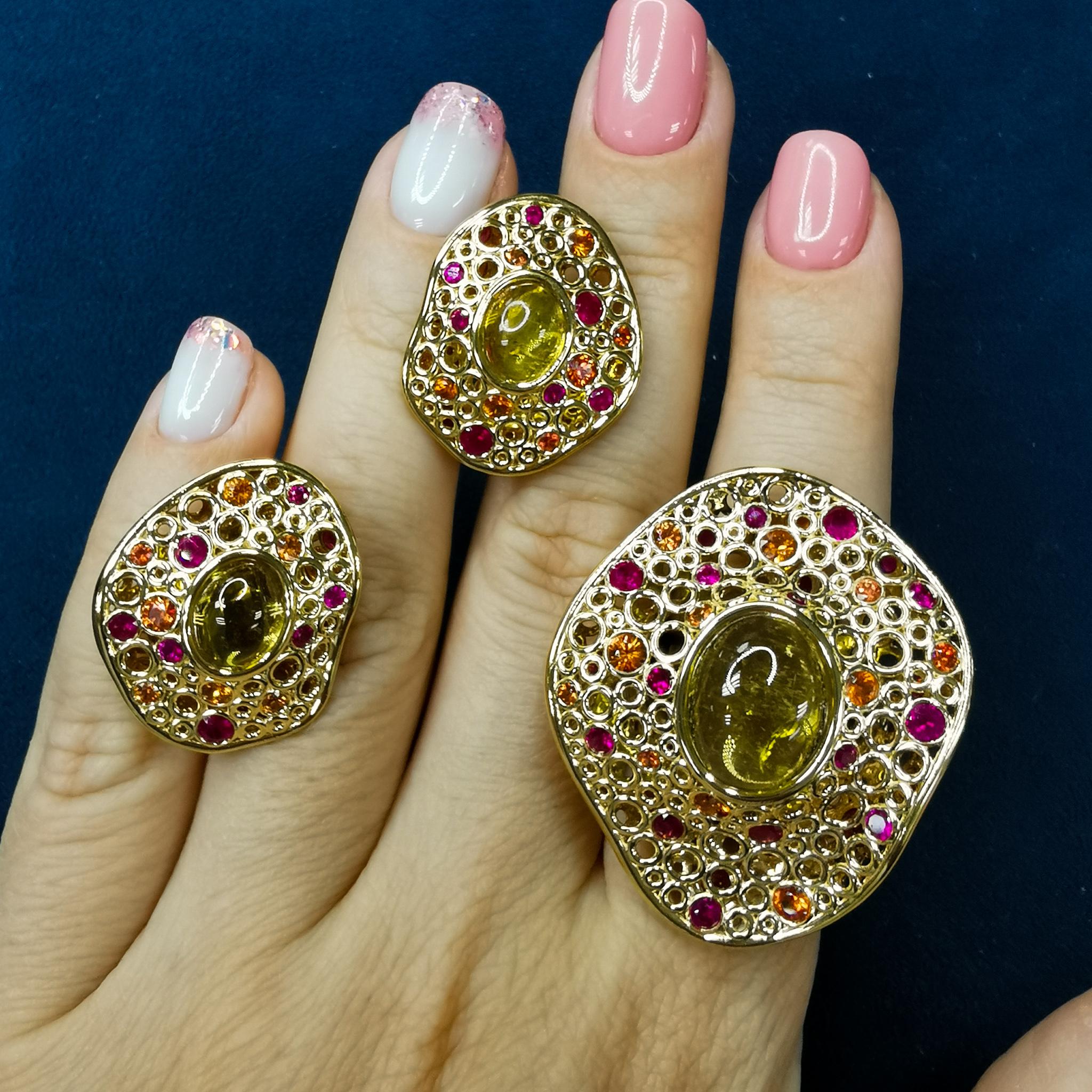 Canary Tourmaline Rubies Sapphires 18 Karat Yellow Gold Bubble Suite
Incredibly light and airy Suite from our Bubbles Collection. Yellow 18 Karat Gold is made in the form of variety of small bubbles, some of which have Orange Sapphires and Rubies