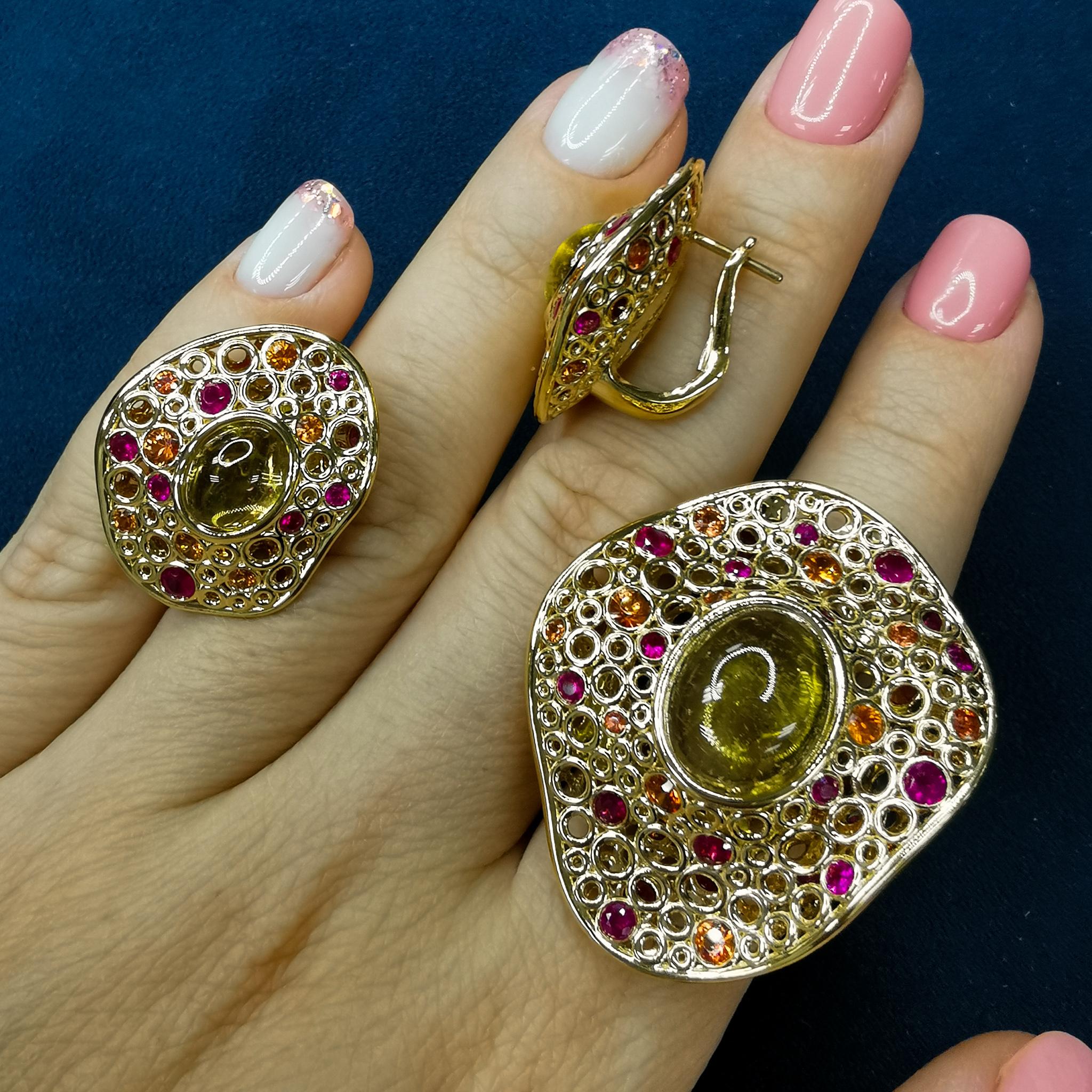 Contemporary Canary Tourmaline Rubies Sapphires 18 Karat Yellow Gold Bubble Suite For Sale
