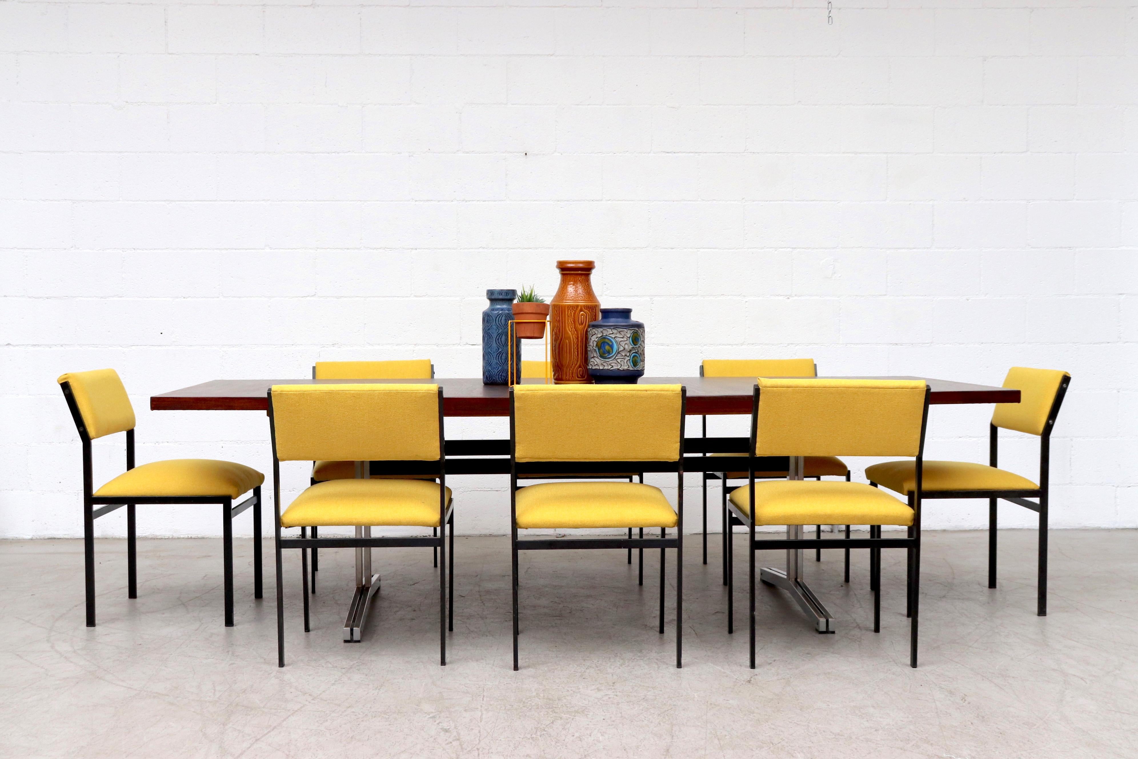 Vibrant canary yellow Cees Braakman Japanese series dining chairs on black enameled metal frame. In good overall condition with fresh upholstery and some enamel wear. Set price. Shot with AP Originals rosewood toned table (LU922418533642) listed