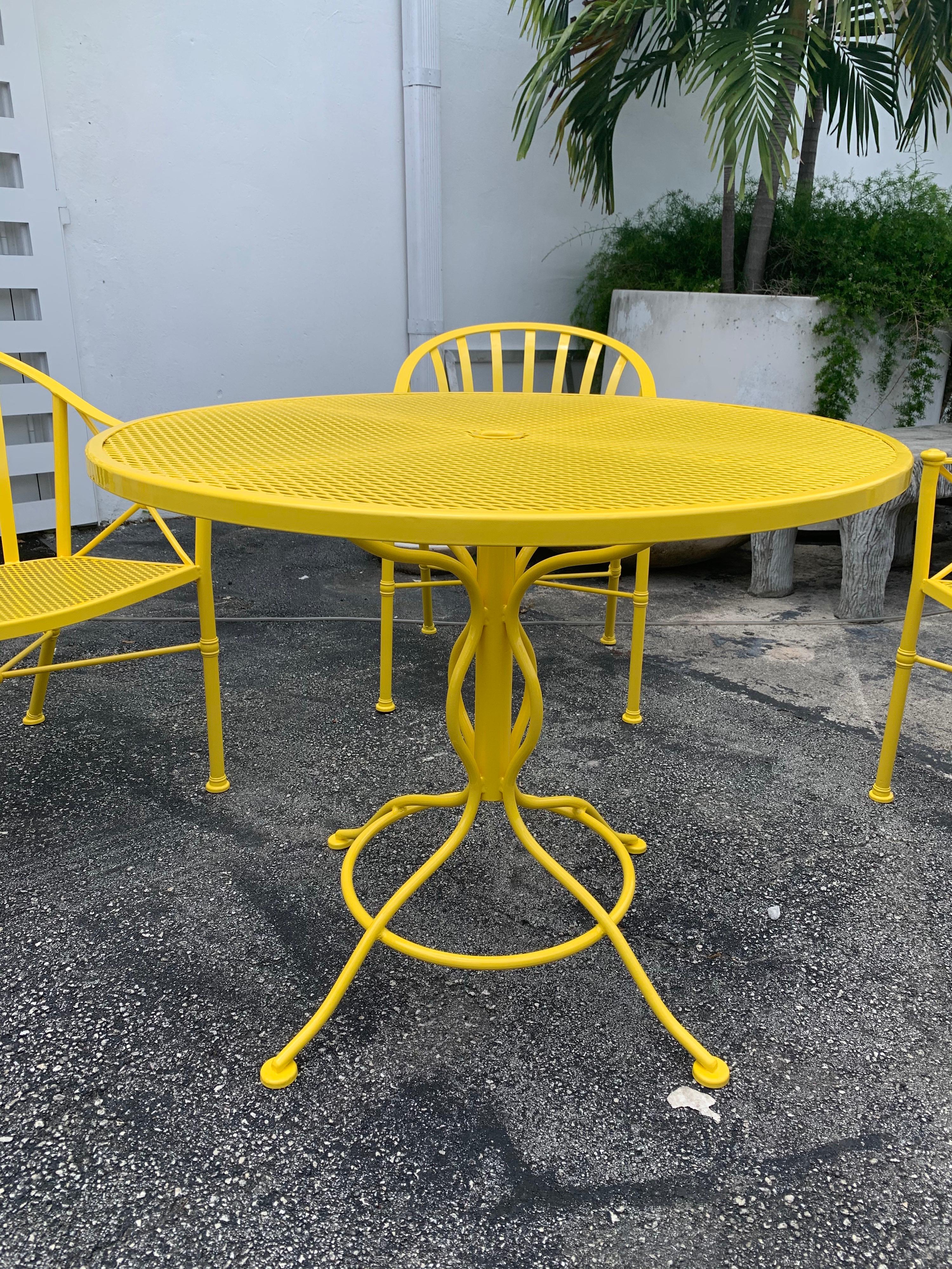 Table and three chairs in a powder coated vibrant canary yellow, heavy and great quality, ready for a Pop of brilliant color in your outdoor garden design.
Dining Table: 36.5 inches diameter, 28.5 inches tall
Chairs: 32.5 inches tall, 24.25 inches
