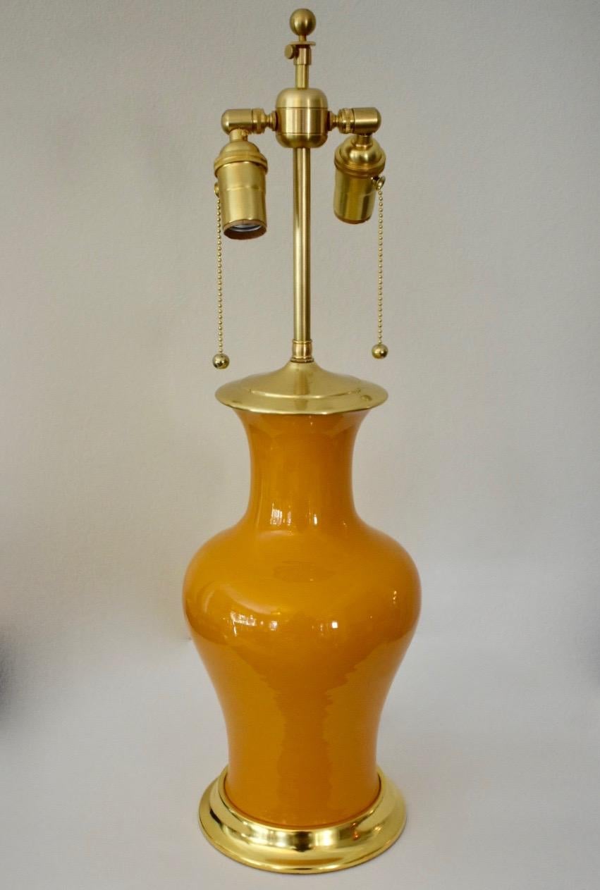 Chinese Canary Yellow Porcelain Lamp in 23-Karat Water Gilt Turned Wood Base