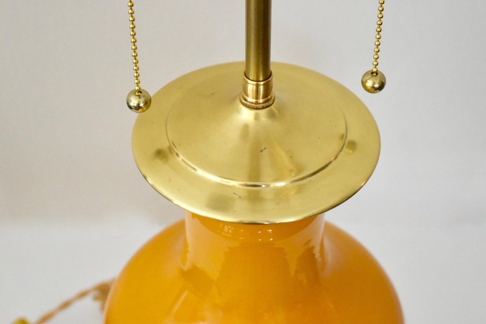 Mid-20th Century Canary Yellow Porcelain Lamp in 23-Karat Water Gilt Turned Wood Base