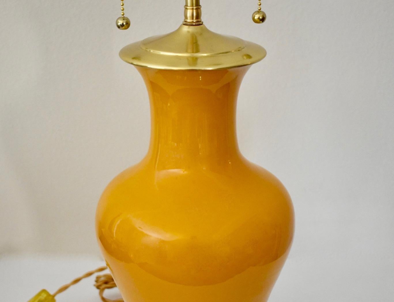 Canary Yellow Porcelain Lamp in 23-Karat Water Gilt Turned Wood Base 1
