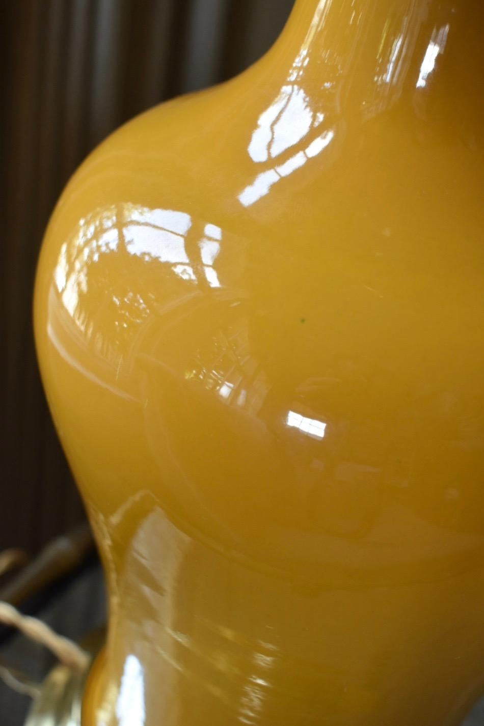 Canary Yellow Porcelain Lamp in 23-Karat Water Gilt Turned Wood Base 4