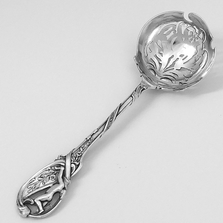 Art Nouveau Canaux Masterpiece French Sterling Silver Sugar Sifter Spoon, Cherub For Sale