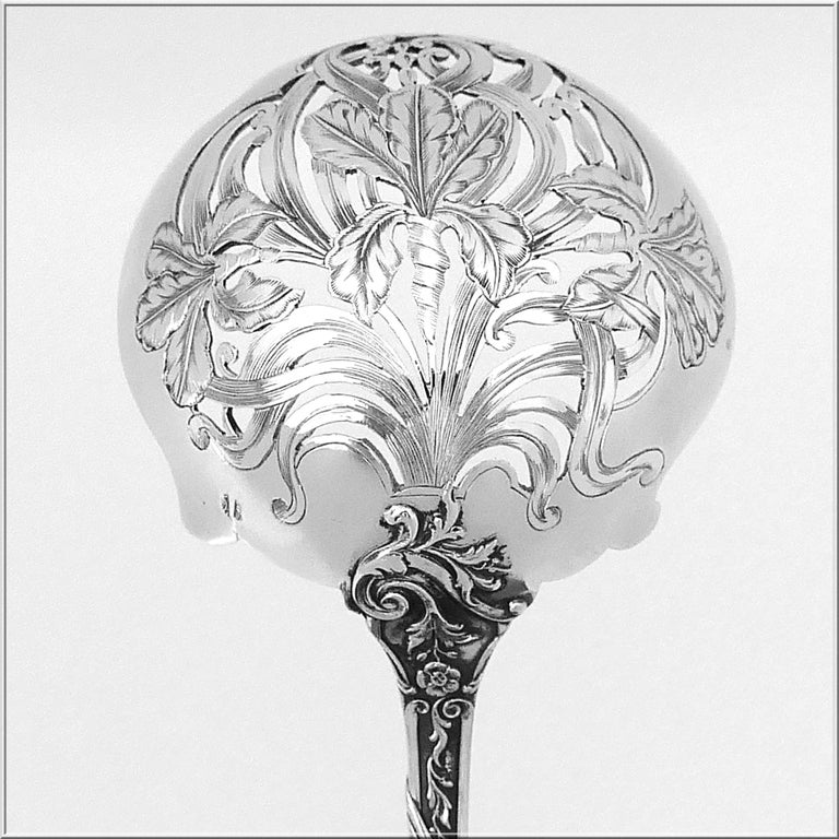 Late 19th Century Canaux Masterpiece French Sterling Silver Sugar Sifter Spoon, Cherub For Sale