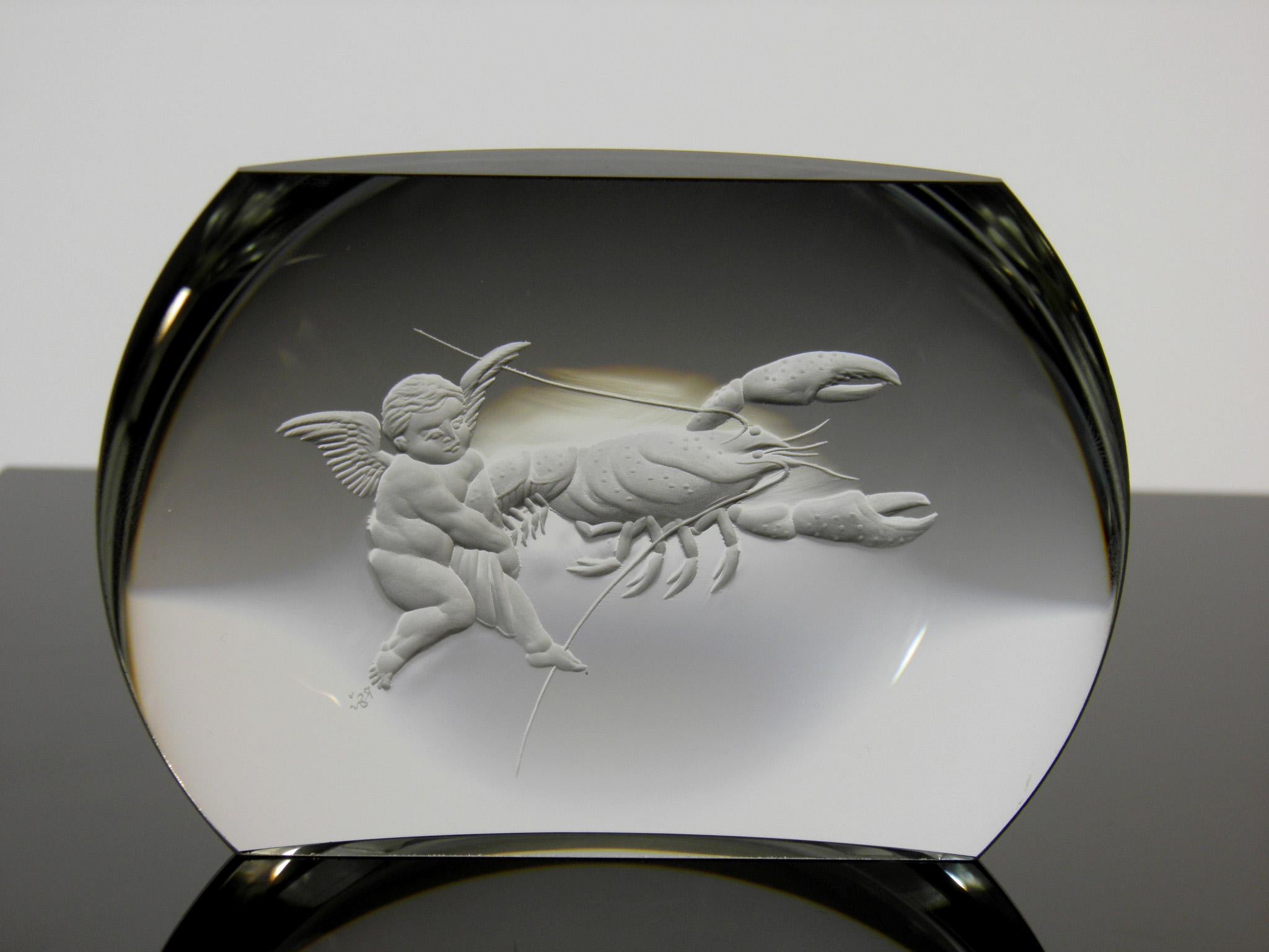 Cancer Optical Glass Block Handcut Zodiac Signs In Excellent Condition For Sale In Nový Bor, CZ