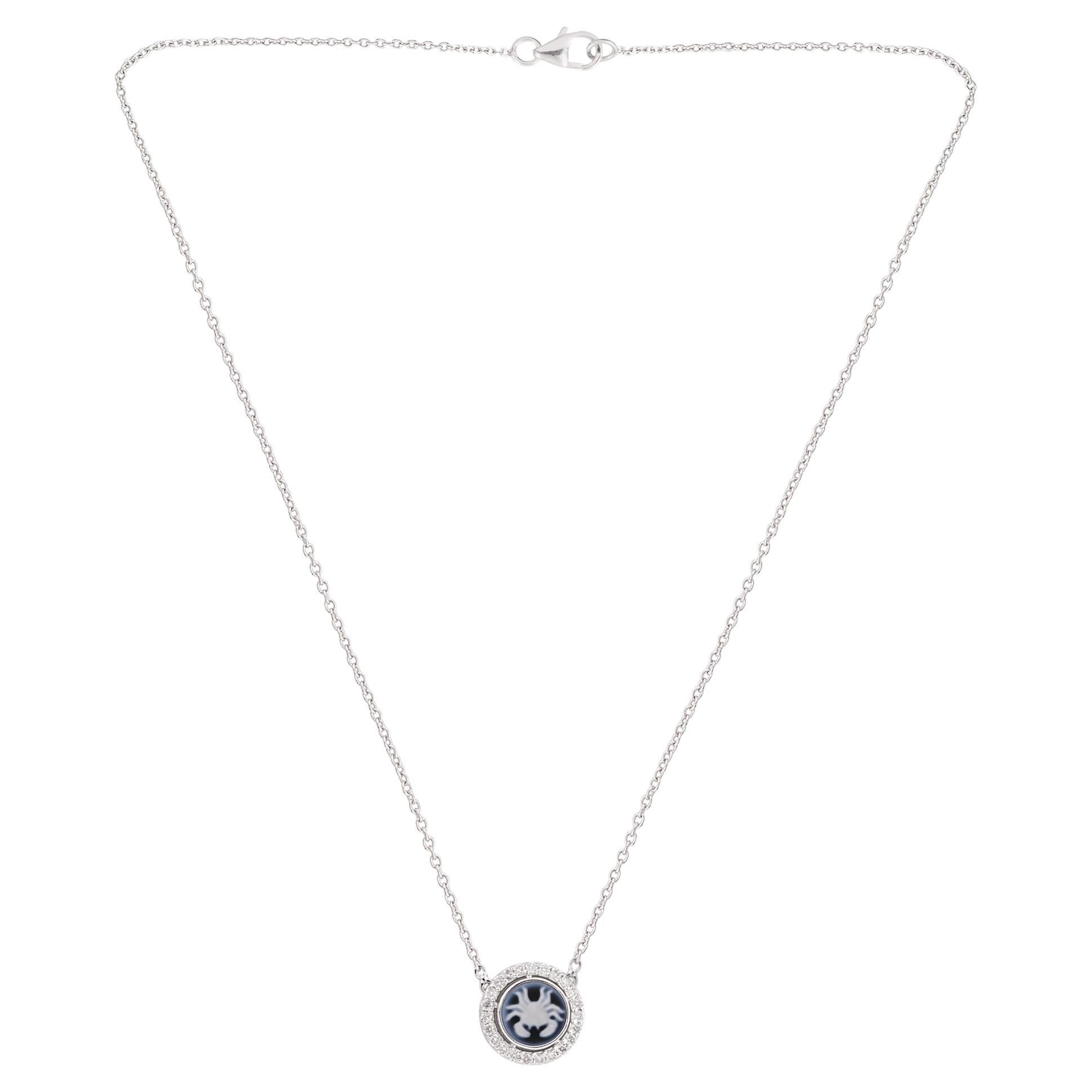 Cancer Zodiac Cameo SI/H Diamond Halo Pendant Necklace 14 Karat White Gold