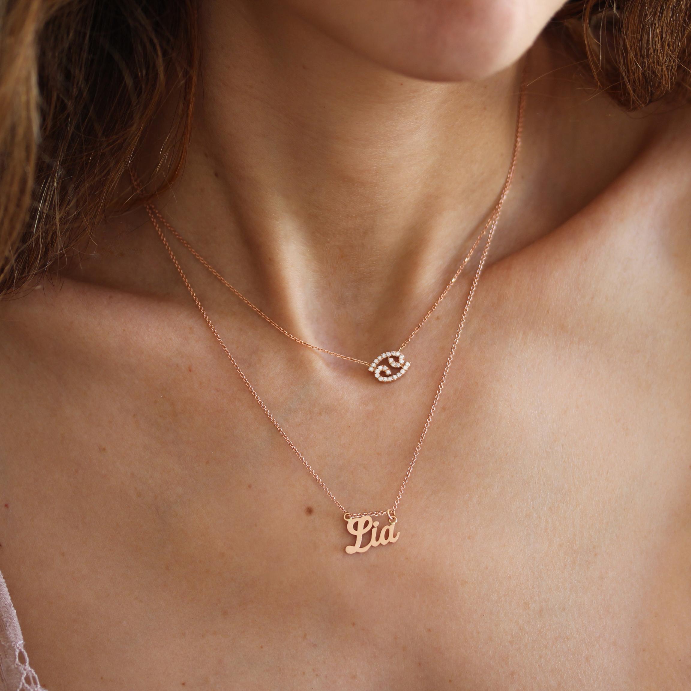 Round Cut Cancer Zodiac Diamond Necklace, 14k Rose Gold, Ready to Ship! For Sale