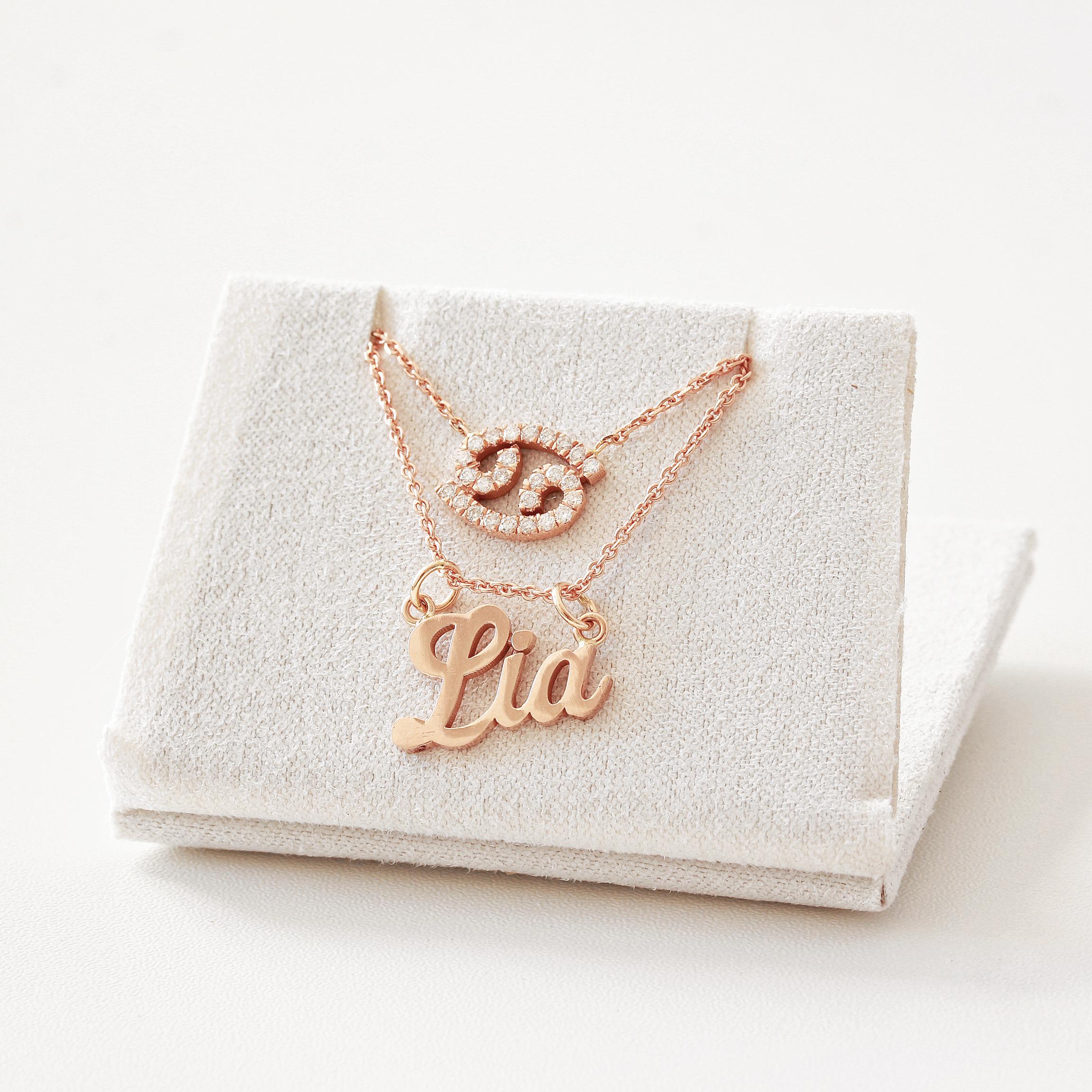 Cancer Zodiac Diamond Necklace, 14k Rose Gold, Ready to Ship! In New Condition For Sale In Hertsliya, IL