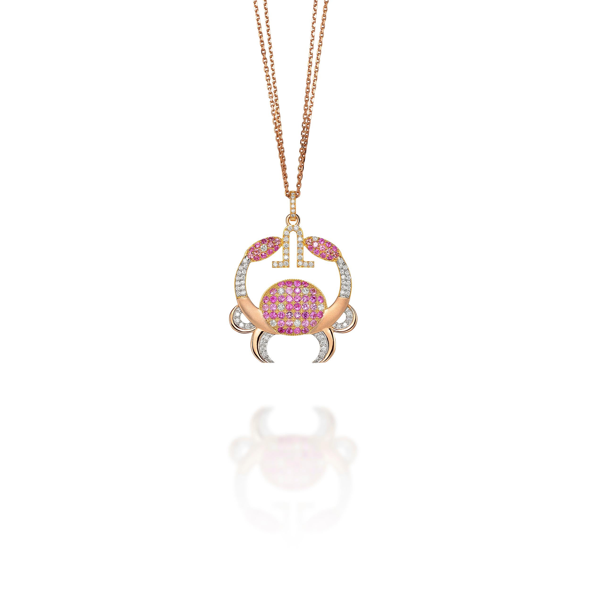 Cancer Zodiac Pendant 18 K Gold 80 Diamds 23 Pink Sapphires 38 Pink Tourmalines For Sale 2