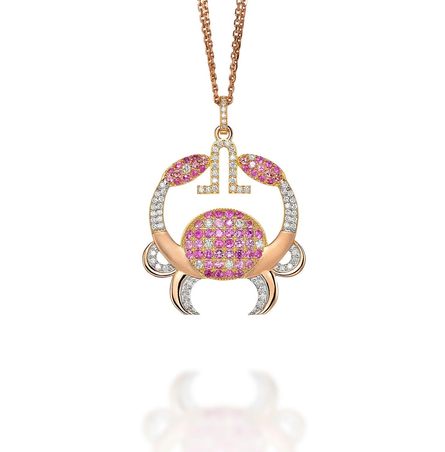 Cancer Zodiac Pendant 18 K Gold 80 Diamds 23 Pink Sapphires 38 Pink Tourmalines For Sale 3