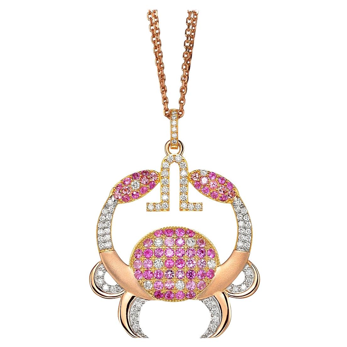 Cancer Zodiac Pendant 18 K Gold 80 Diamds 23 Pink Sapphires 38 Pink Tourmalines