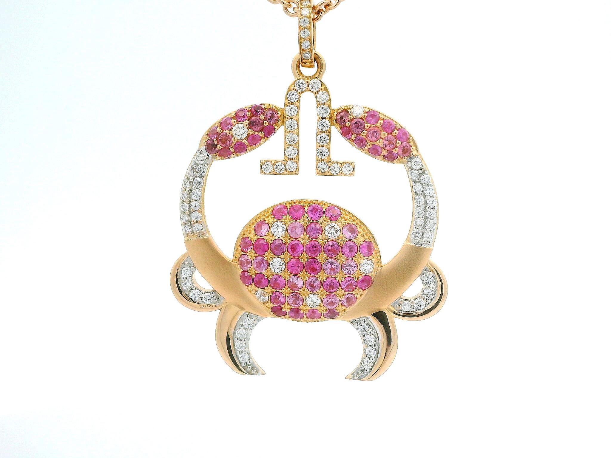 ancer Zodiac Pendant 18K gold with 0.69 CT Diamonds, 1.17 CT Pink Sapphires and 0.20 CT Pink Tourmalines: radiantly feminine, gentle and supportive with an extraordinary intensity to protect your loved ones with total devotion. Pink Tourmalines