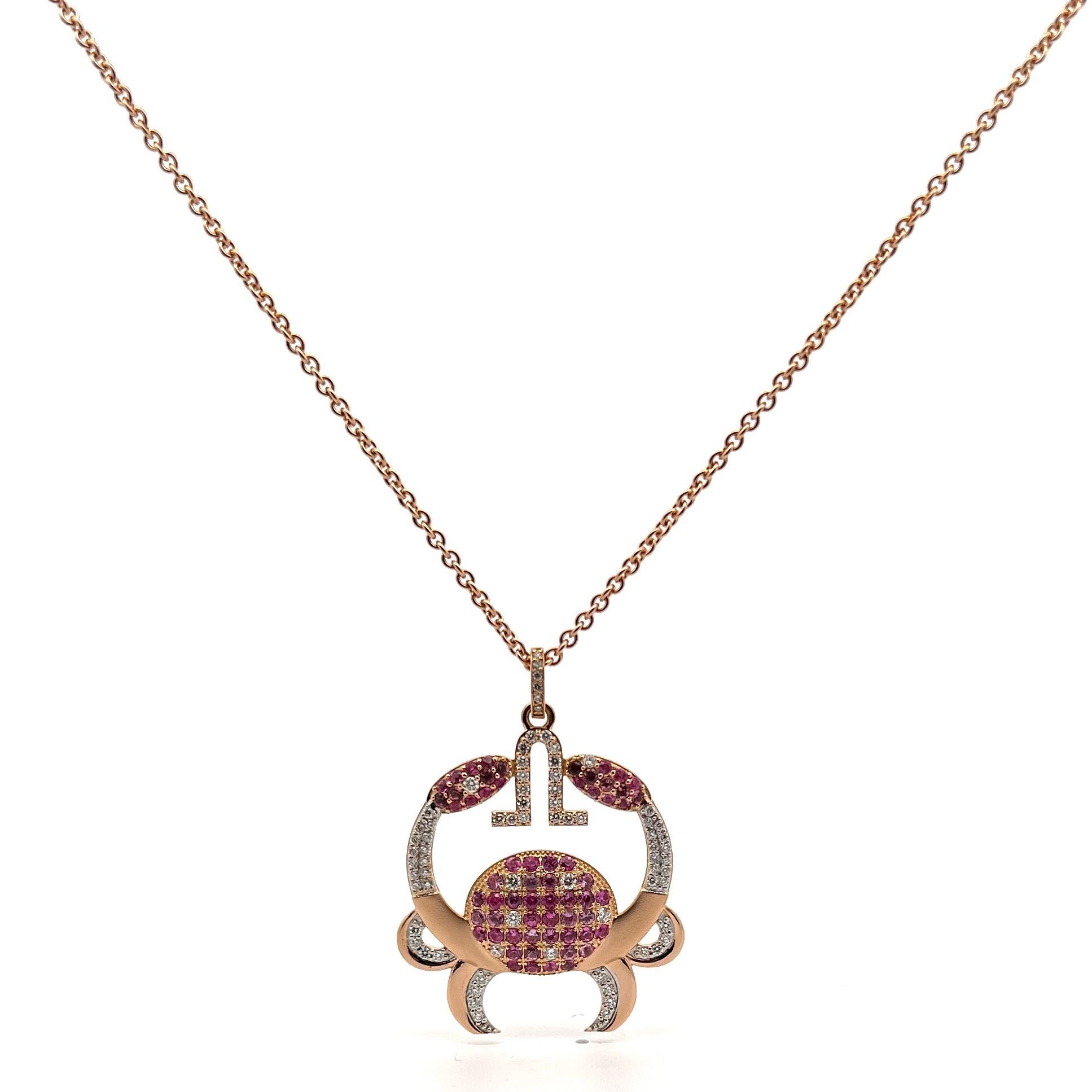 Women's or Men's Cancer Zodiac Pendant 18 K Gold 80 Diamds 23 Pink Sapphires 38 Pink Tourmalines For Sale