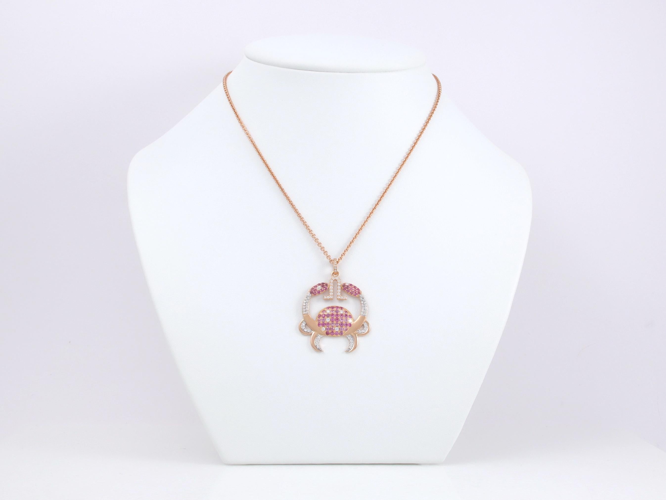 Cancer Zodiac Pendant 18 K Gold 80 Diamds 23 Pink Sapphires 38 Pink Tourmalines For Sale 1