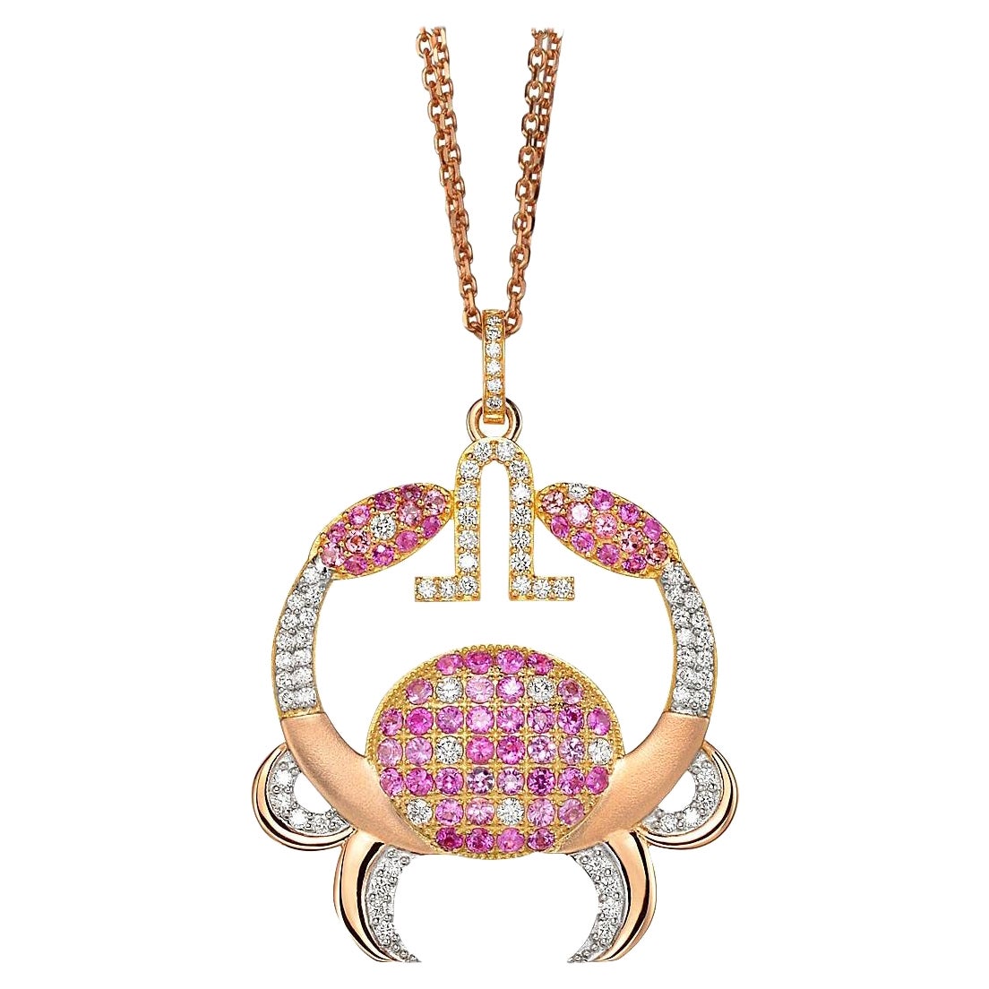 Cancer Zodiac Pendant Necklace Yellow Gold 80 Dias 23 Pink Sapphs 38 Pink Tourms