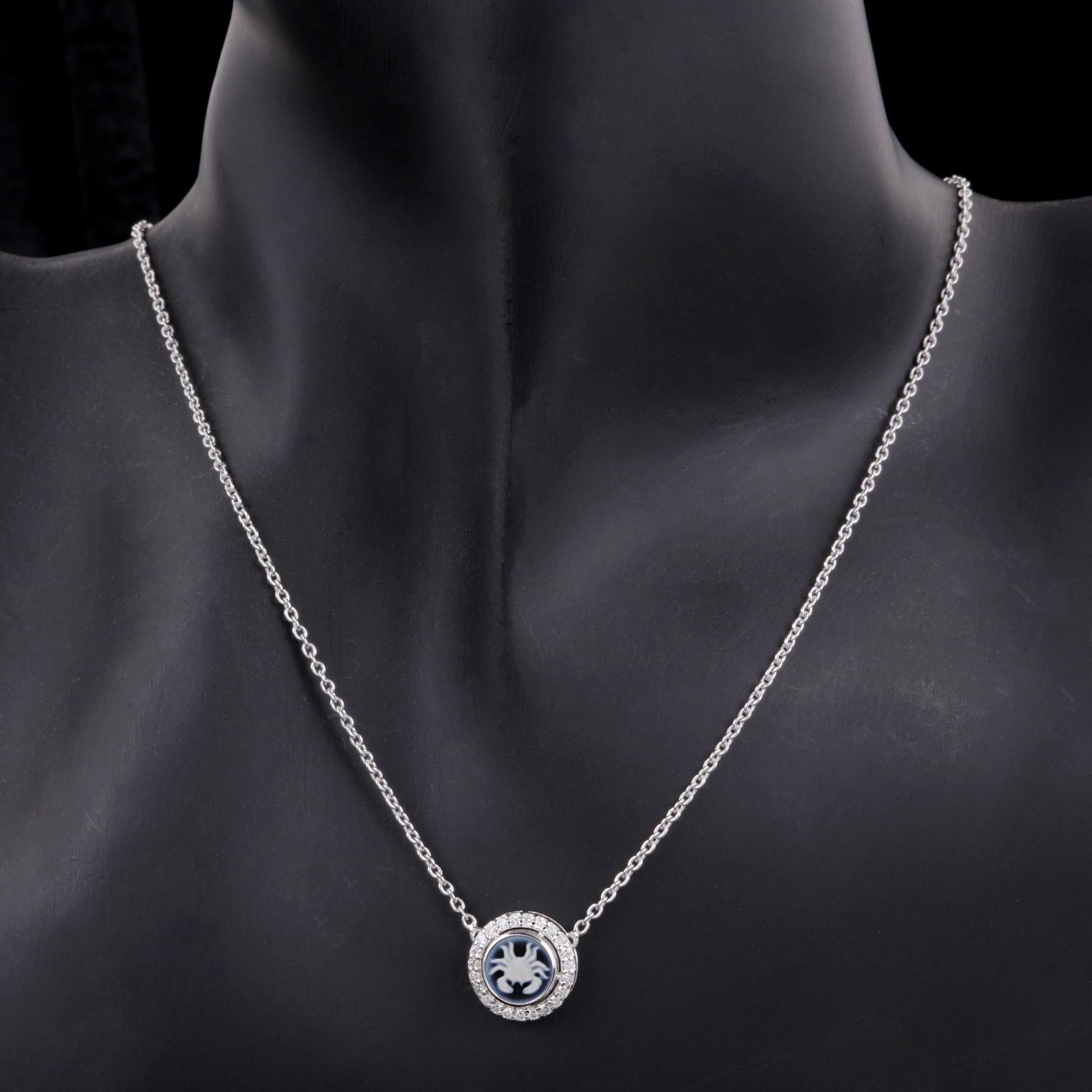 Round Cut Cancer Zodiac Sign H/SI Diamond Astrological Pendant 14k White Gold Necklace For Sale