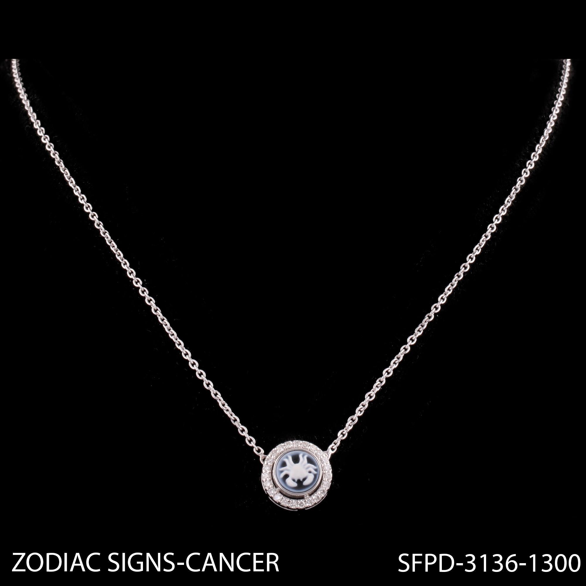 Cancer Zodiac Sign H/SI Diamond Astrological Pendant 14k White Gold Necklace For Sale 1