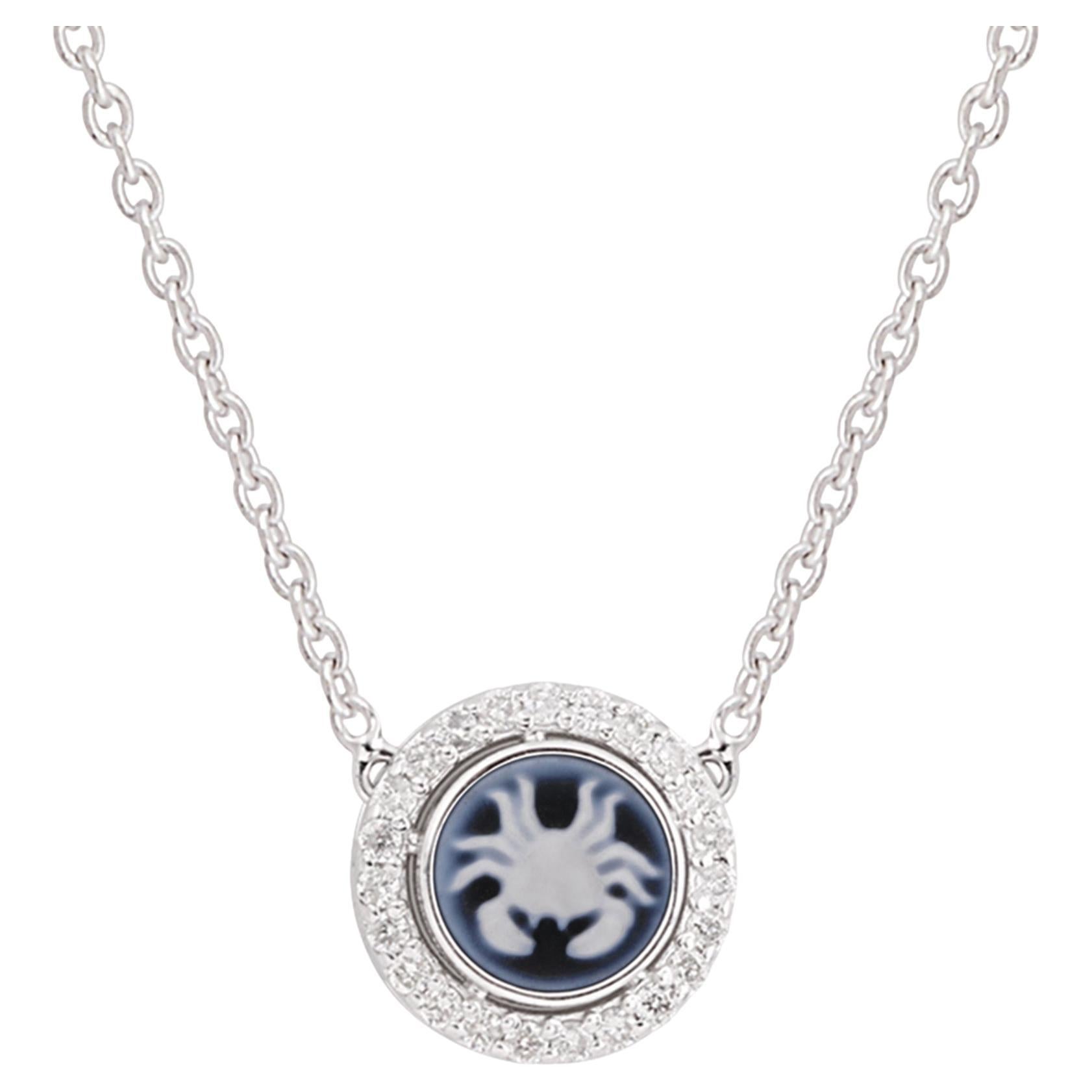 Cancer Zodiac Sign H/SI Diamond Astrological Pendant 14k White Gold Necklace